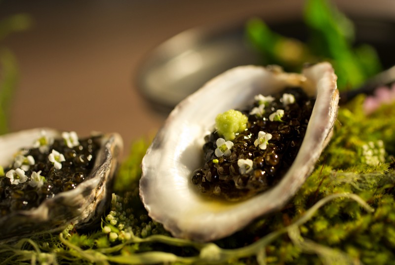 The Mid Winter in Sonoma County includes Kushi Oyster, Passmore Ranch Caviar and Alyssum Flower from Single Thread Farms Restaurant in Healdsburg. (John Burgess