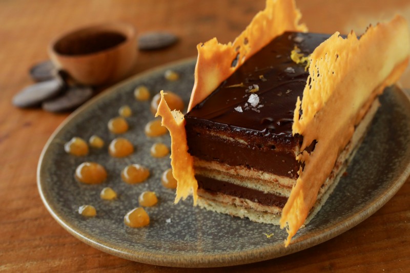 Opera Cake features layers of almond sponge cake, chocolate ganache and Plank coffee buttercream with ginger sauce from the Trading Post Market & Bakery in Cloverdale. (John Burgess)