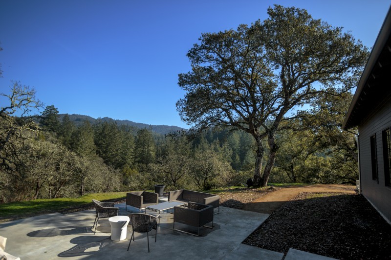 From the back of the house, the view extends high into the Mayacamas Mountains, where the soft sage greens of valley oaks are highlighted against the taller evergreens that rise in teh background. 9Chris Hardy