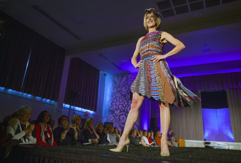 Amara Morrison models Elfride Whitcher's design - "Fit to be Tied," made from men's neckties - at the Sonoma Community Center's Trashion Fashion Show 2016. ( Robbi Pengelly