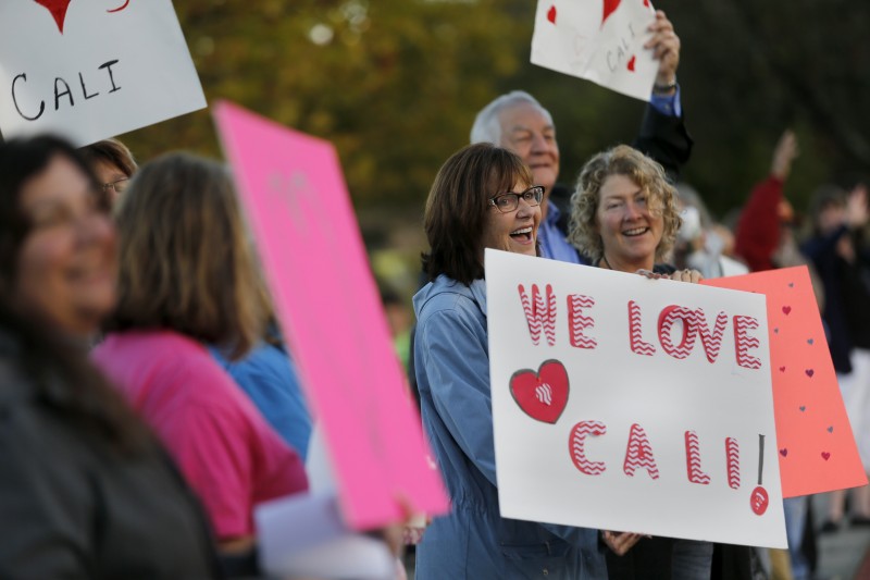 In the days following vandalism at Cali Calmécac Language Academy, community supporters including Christina Larkin and Susan Nelson, right, gathered outside the school as children arrived for class. (Beth Schlanker)