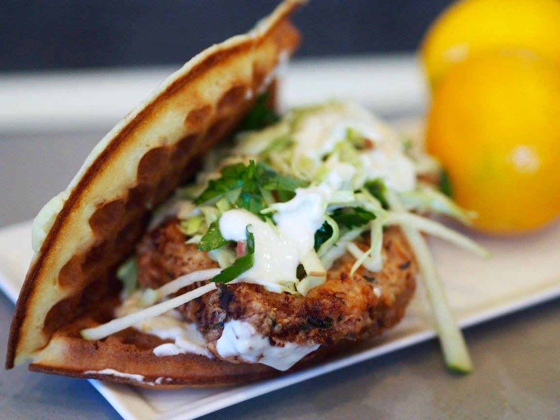 Chicken waffle sandwich at Sonoma Crust in Santa Rosa. (Heather Irwin/Sonoma Magazine)