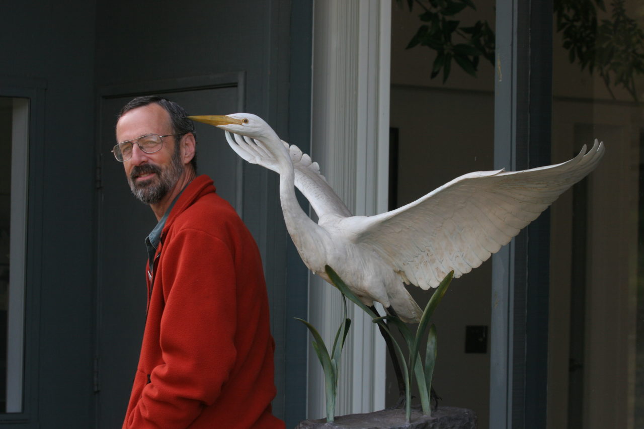 12/27/2009: B6: PC: Jim Moir, volunteer docent at the Bouverie Preserve near Glen Ellen, waits next to an egret sculpture to lead hikers through the 500-acre preserve to learn about the plants, animals and habitat of the area. The retired Agilent and Hewlett-Packard engineer is one of about 130 hike leaders at the preserve.