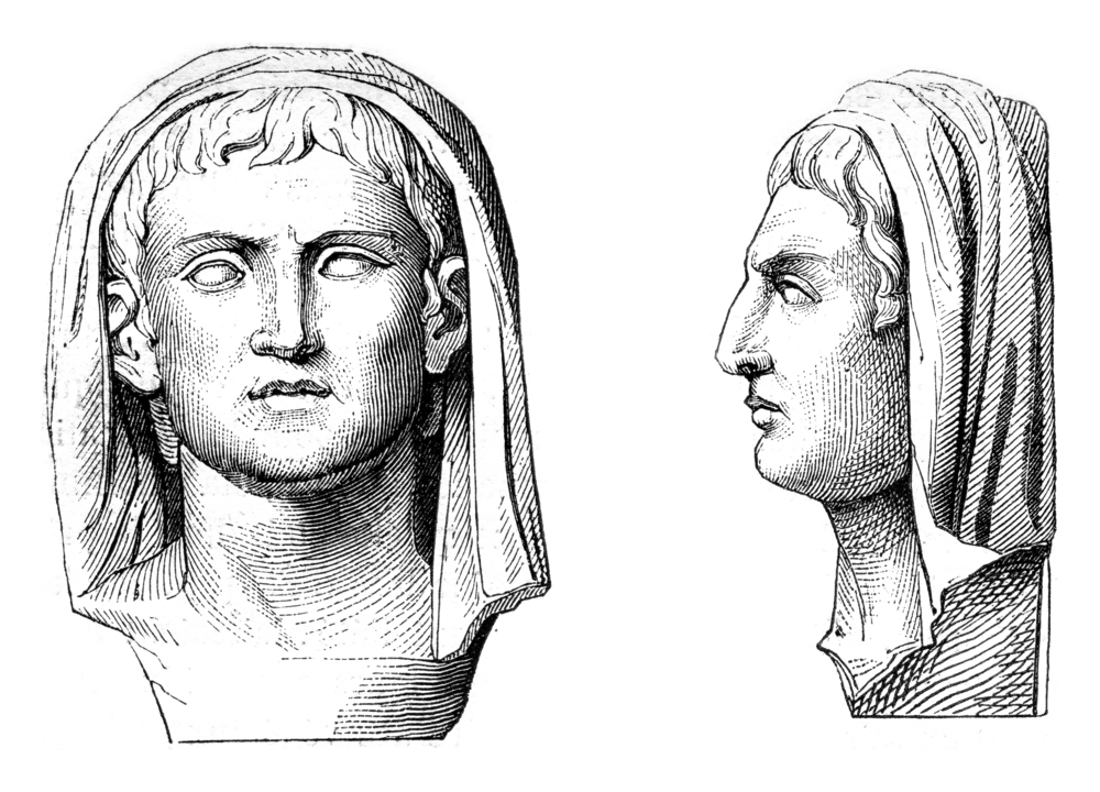 (Portrait of Pliny the Younger, on the marble retained after the Giovio palace in the city of Como, vintage engraved illustration. Magasin Pittoresque 1847)
