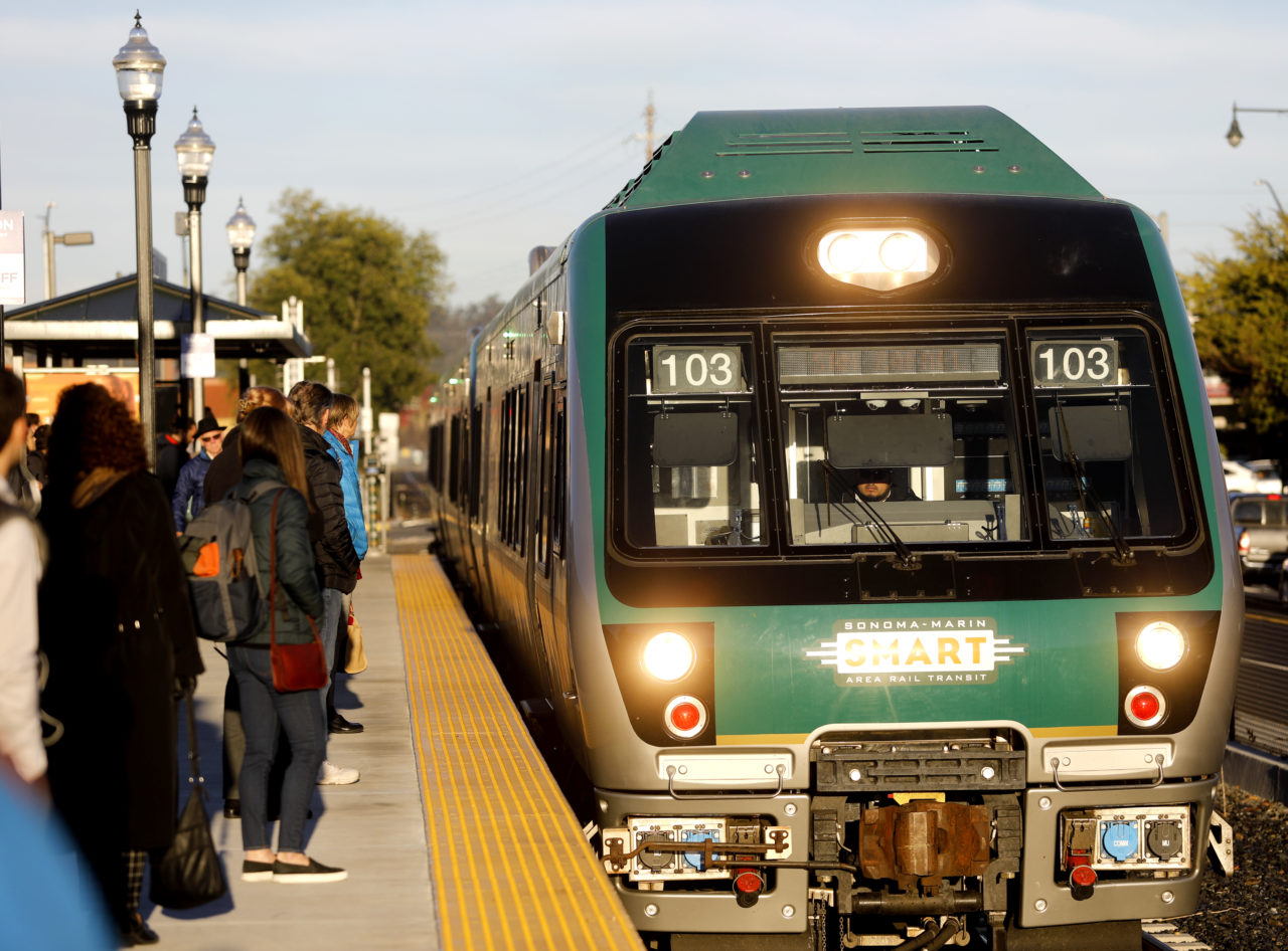 The SMART train with 3 cars pulls into the station in Petaluma, on Wednesday, November 29, 2017. (BETH SCHLANKER/ The Press Democrat)