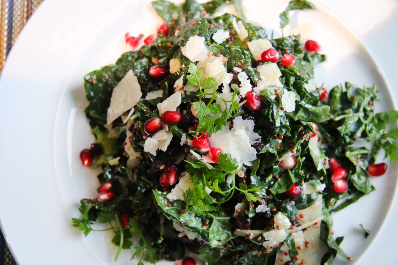 Kale salad with pomegranate, Parmesan, wine-soaked currants and walnut vinaigrette at Tisza Bistro in Windsor. (Heather Irwin/Sonoma Magazine)