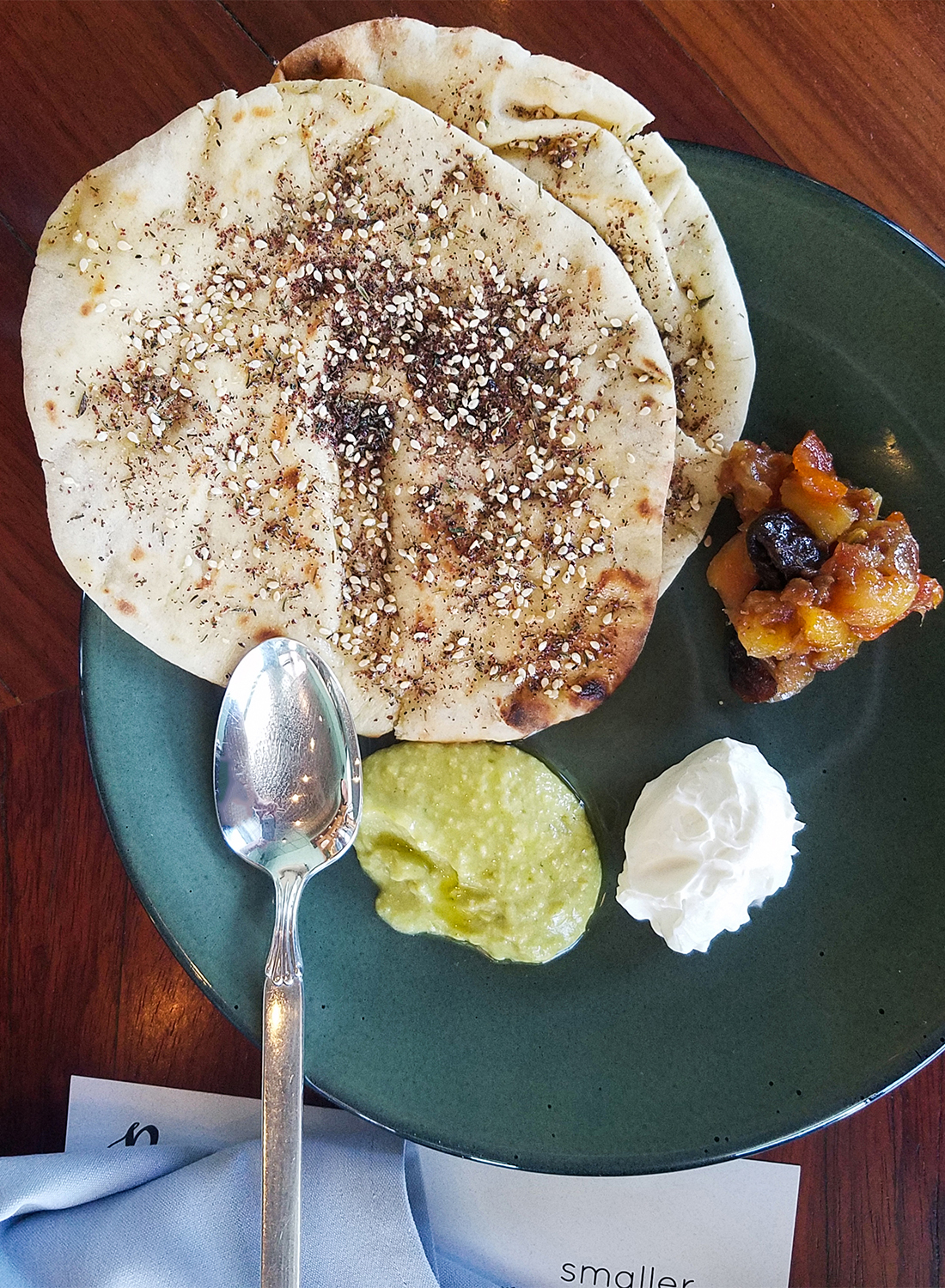 Israeli breakfast with labneh, za’atar, pita, green hummus and fruit compote at Pearl restaurant in Petaluma. heather irwin/PD