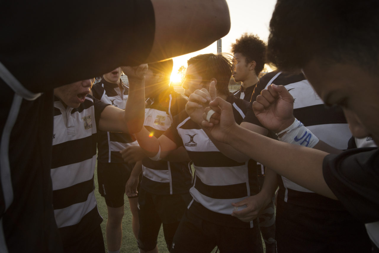 Lobo Rugby Club players during their Lobo yell during a playoff game against Center Parkway Harlequins from Sacramento held at Elsie Allen High School in Santa Rosa. April 28, 2017. (Photo: Erik Castro/for The Press Democrat)