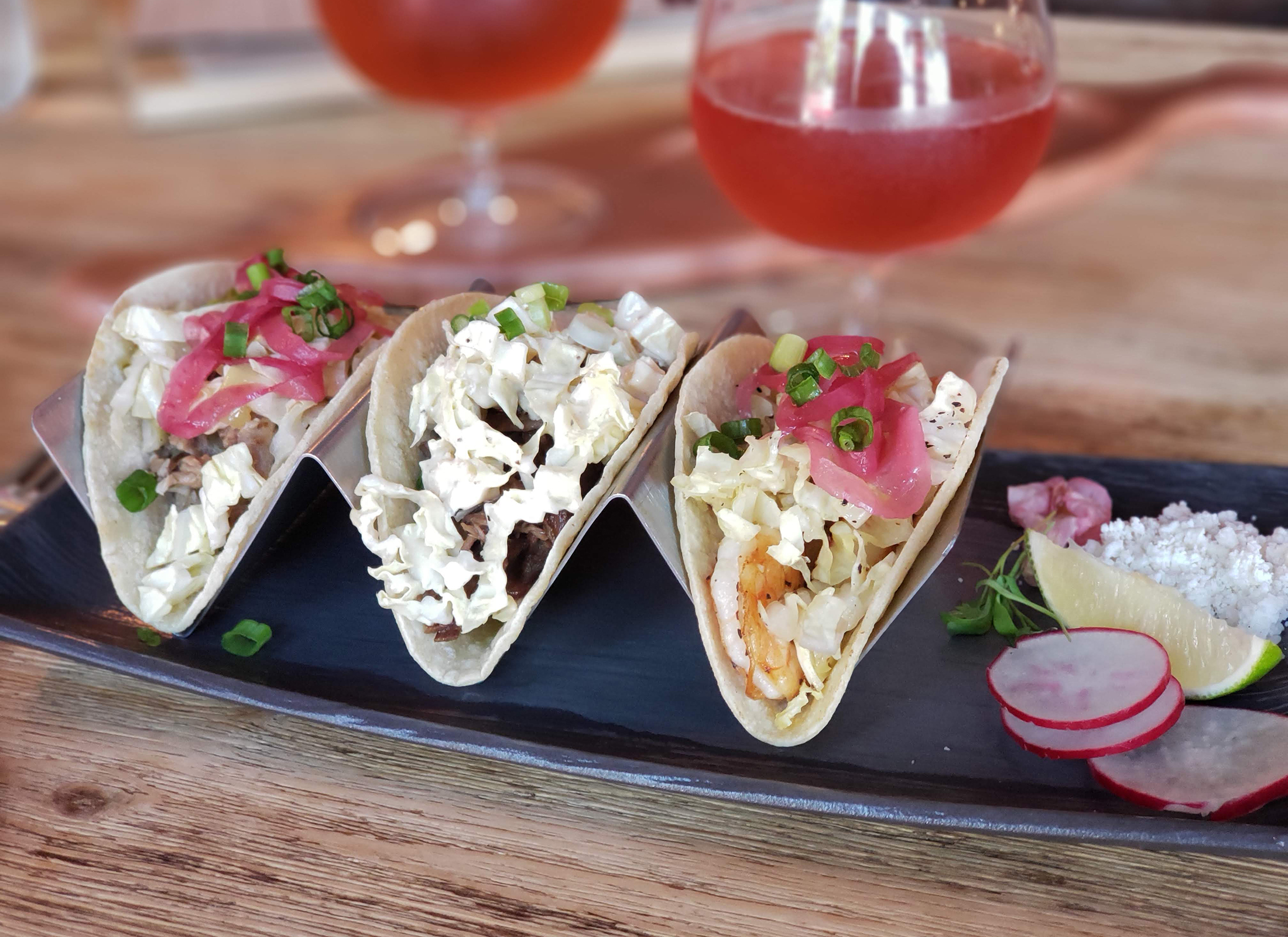 Taco trio and rose gose at Barrels, Brews and Bites in Healdsburg. Heather Irwin/PD