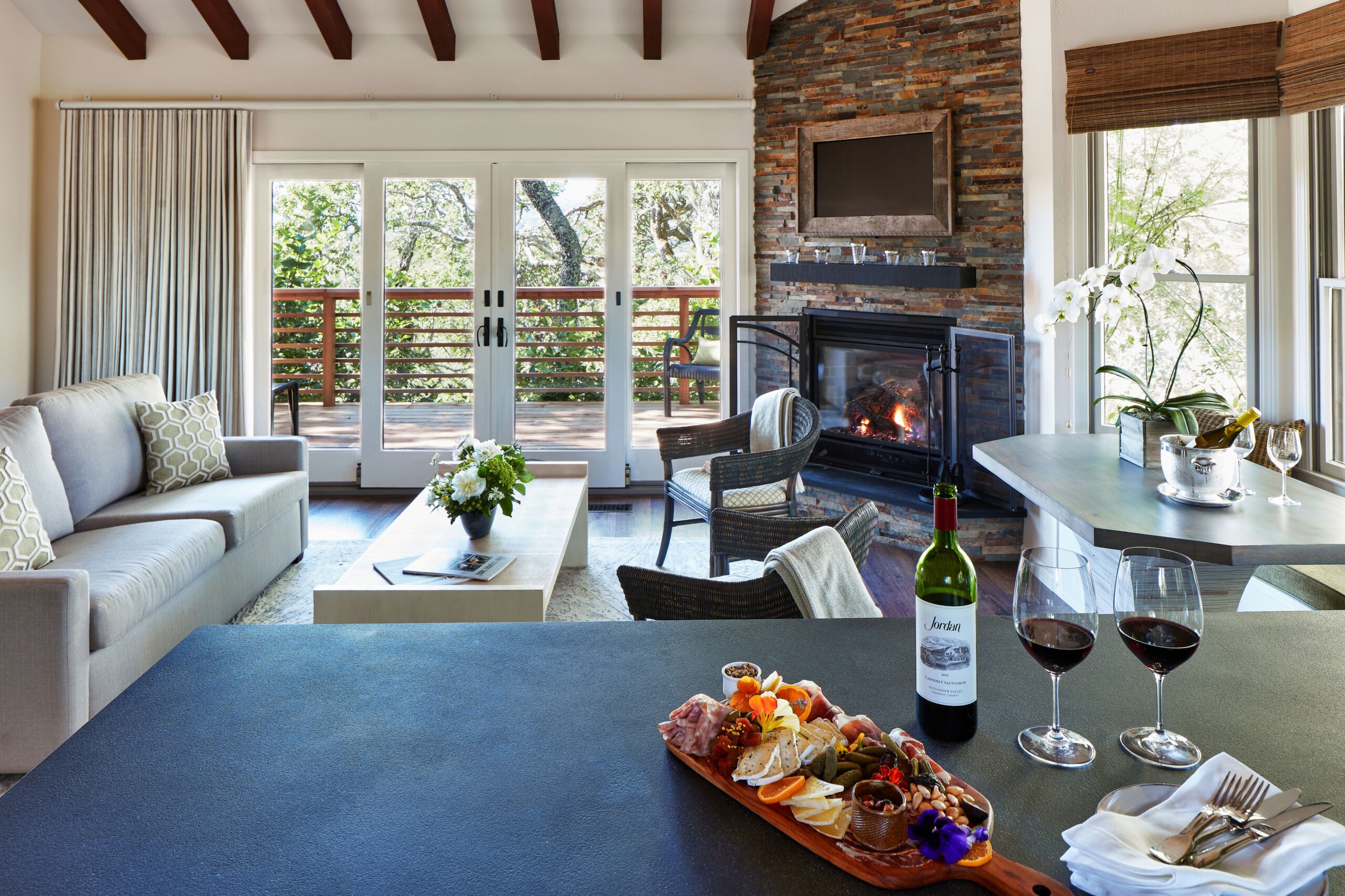 Jordan Chateau guest room with wine and charcuterie 