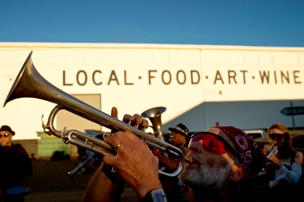 Trumpet player Jerry Eliaser and the Hubbub Club play a musical procession through various parts of The Barlow during the Barlow Street Fair in Sebastopol. (Photo by Alvin Jornada)