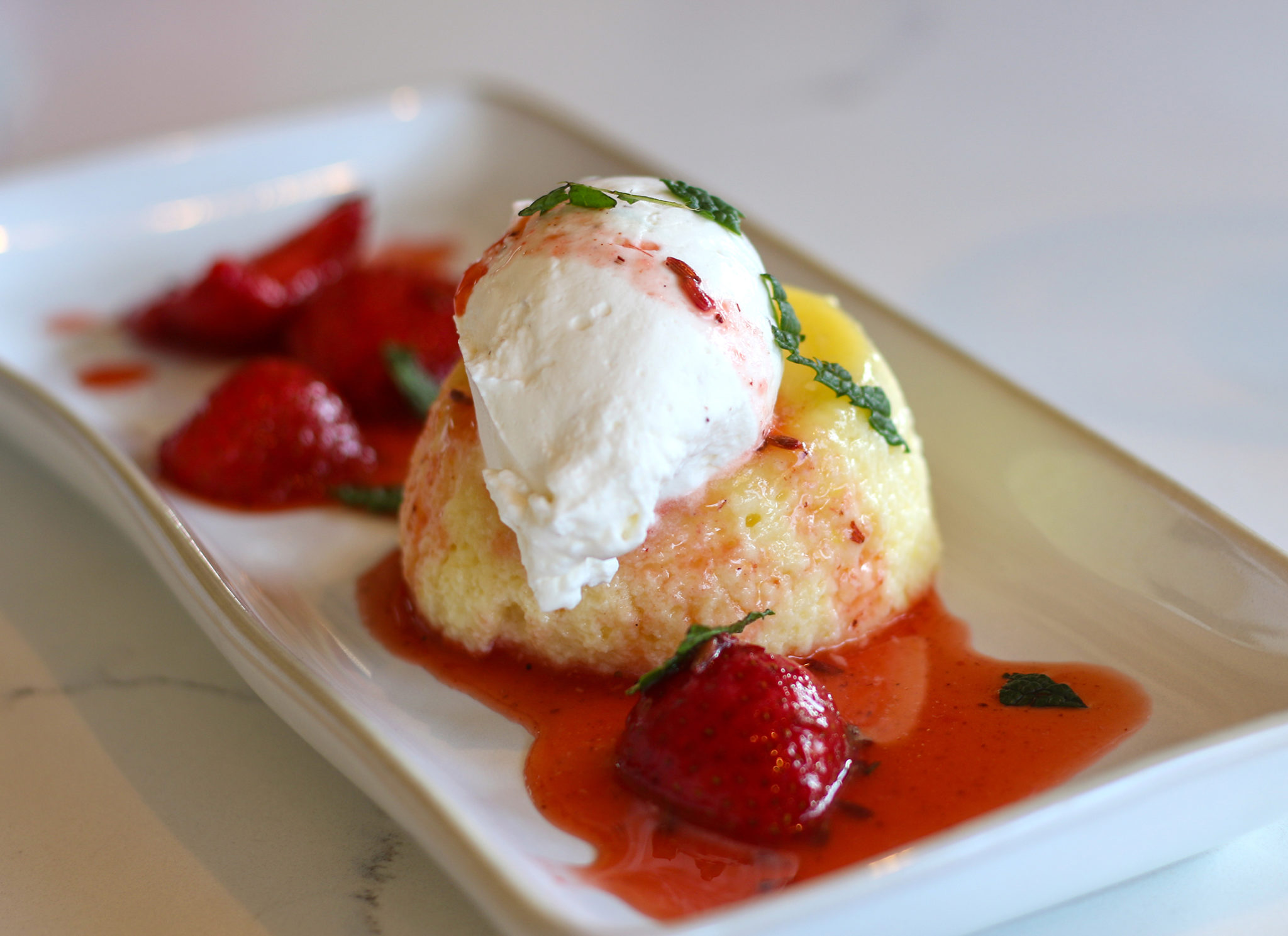 Meyer lemon pudding cake at Willi’s Wine Bar in Santa Rosa. (Heather Irwin / Sonoma Magazine)