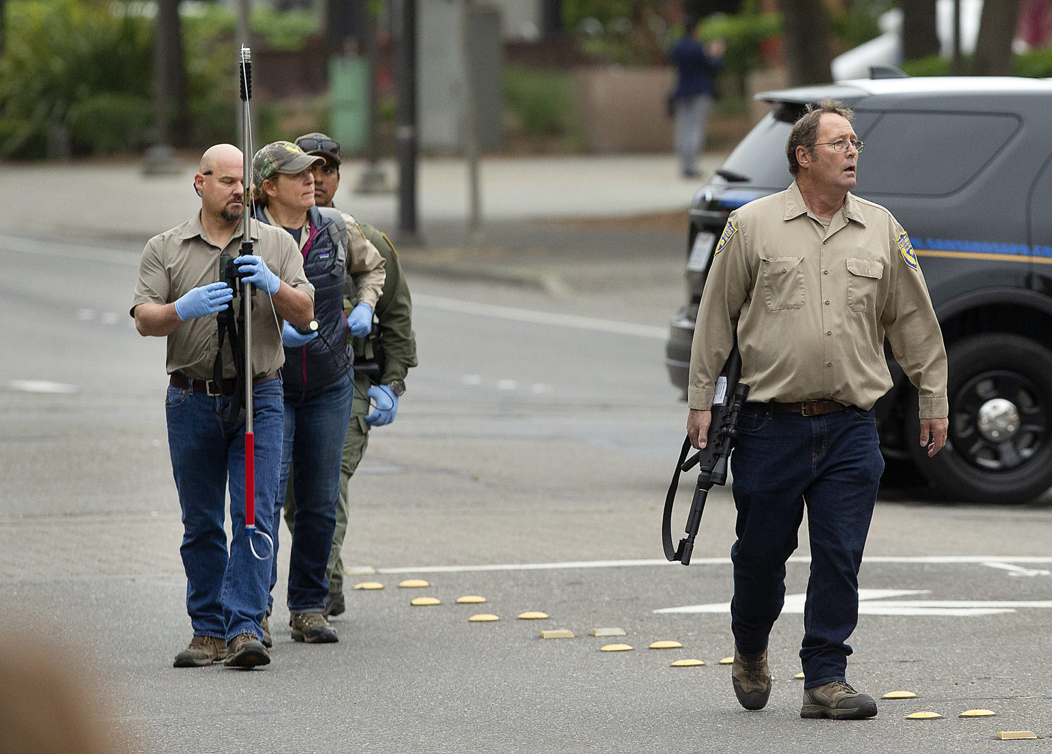 California Fish and Wildlife officers prepare to tranquilize a juvenile mountain lion in a planter box on the east side of Macy's at the Santa Rosa Plaza by officers on Monday morning. (photo by John Burgess/The Press Democrat)