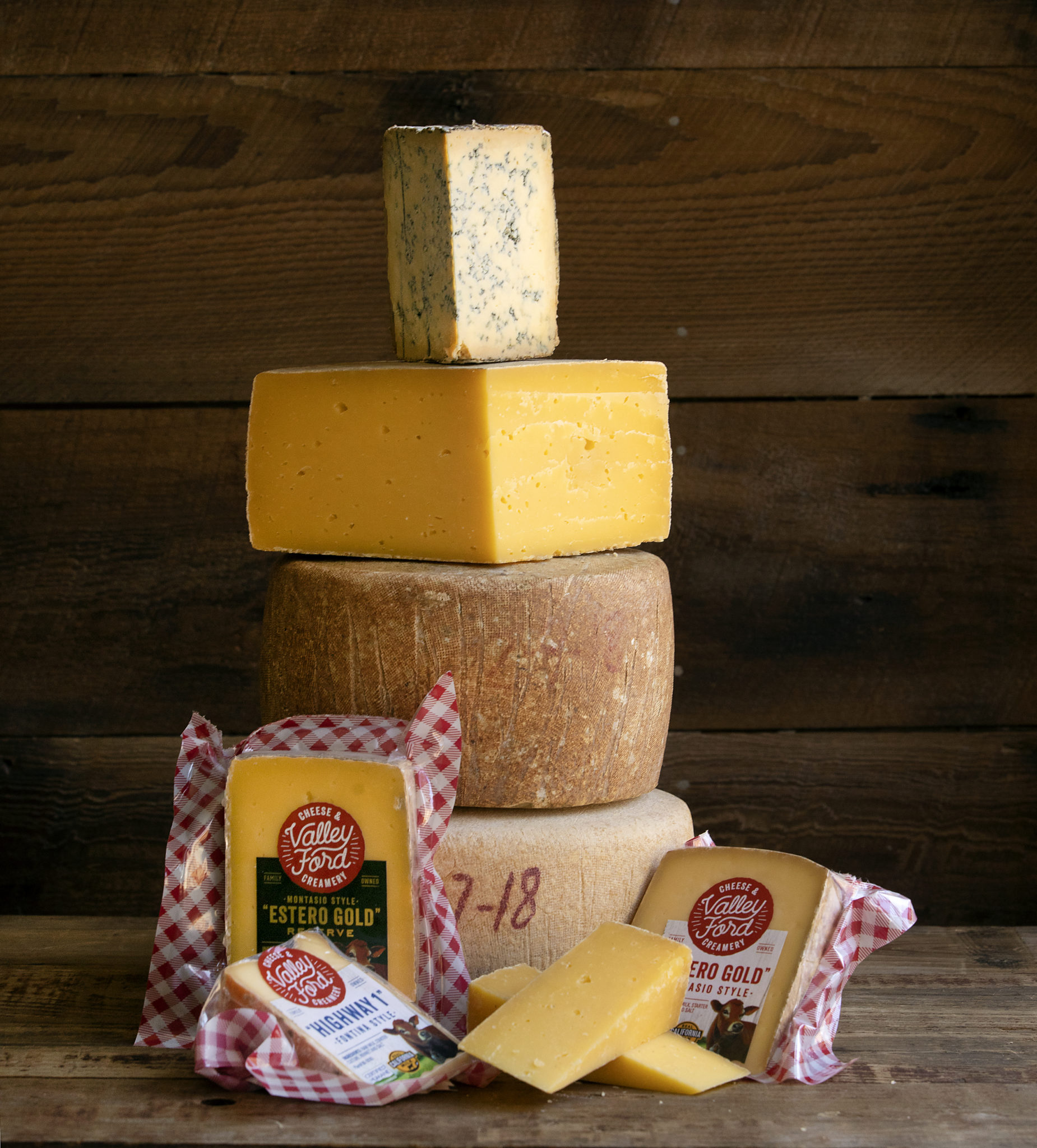 The Valley Ford Cheese & Creamery makes four varieties of cheese: "Highway 1" Fontina style, "Grazin Girl" Gorgonzola style, and two different "Estero Gold" Montasio style cheeses. (photo by John Burgess/Sonoma Magazine)