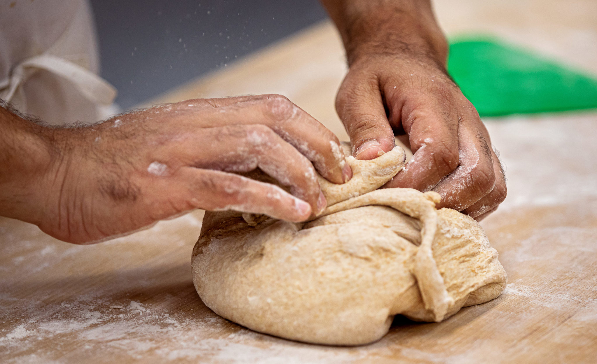 Folding ciabatta dough at Central Milling Artisan Baking Center in Petaluma. (Chris Hardy/For Sonoma Magazine) Folding ciabatta dough