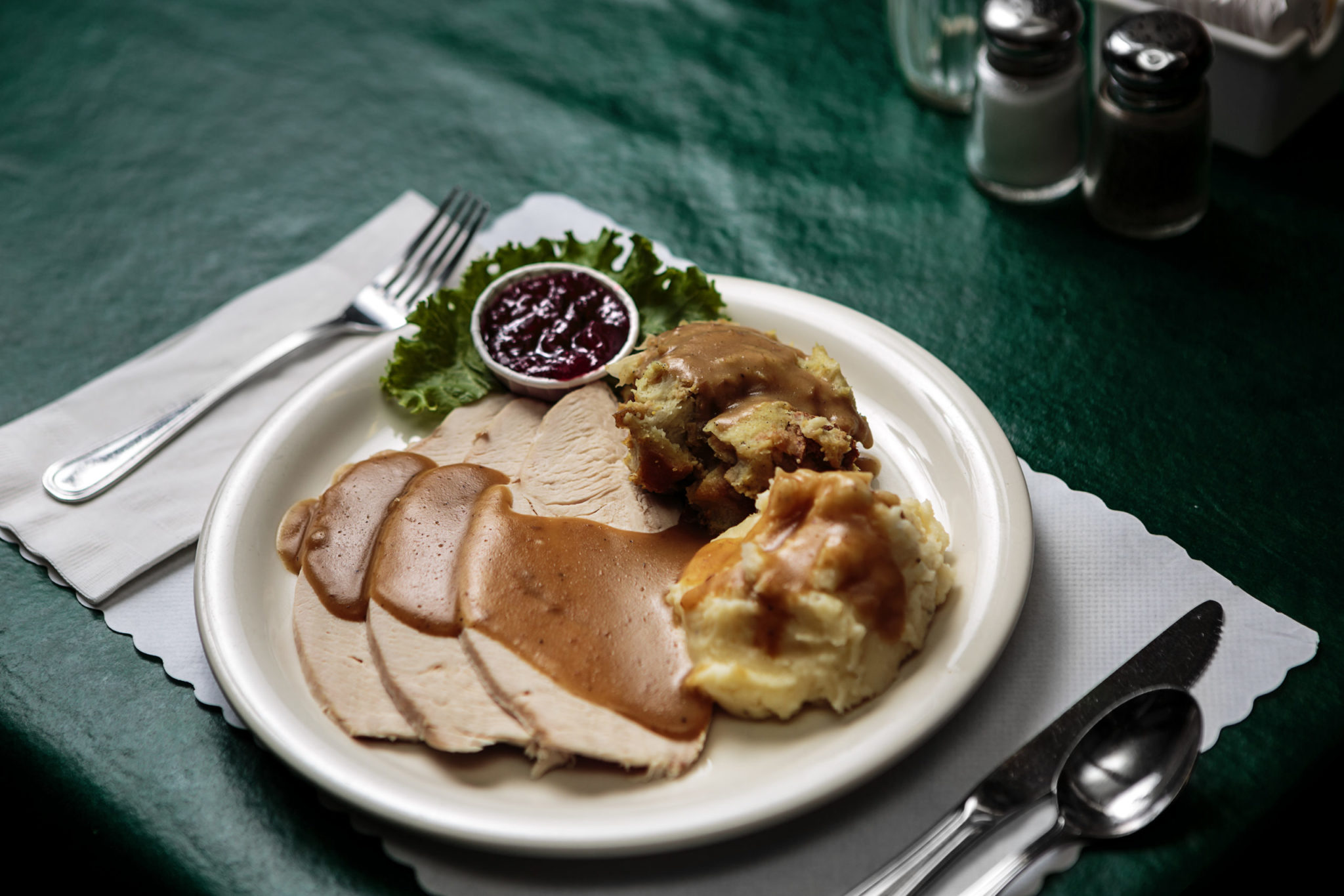 Plate of sliced turkey with all the fixings at Willie Bird restaurant in Santa Rosa. (Chris Hardy/Sonoma Magazine)