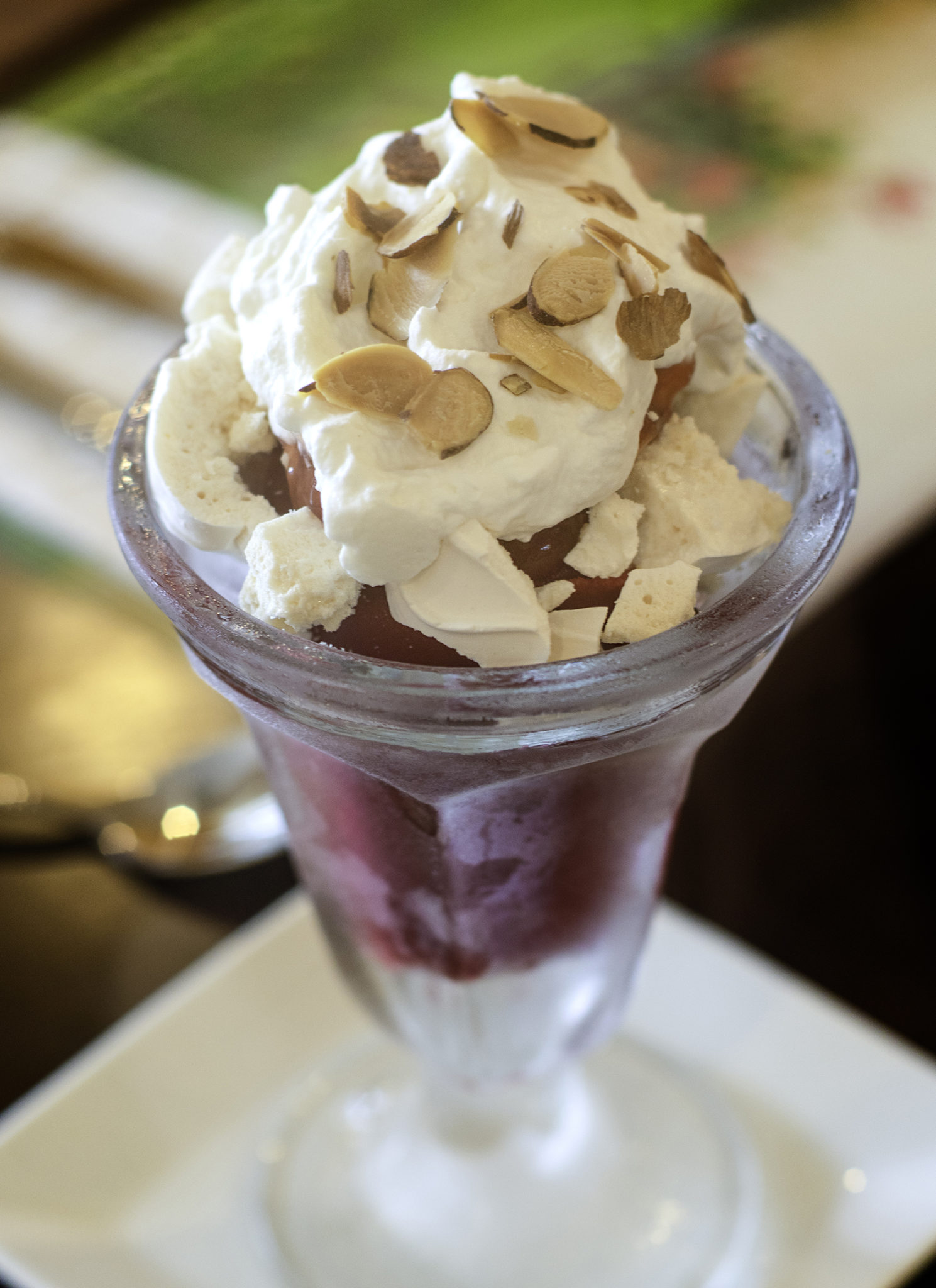 Vacherin: Raspberry sorbet with vanilla meringue, berry jam, toasted almonds and Chantilly cream at Creperie Chez Solange in Larkfield. Heather Irwin/PD