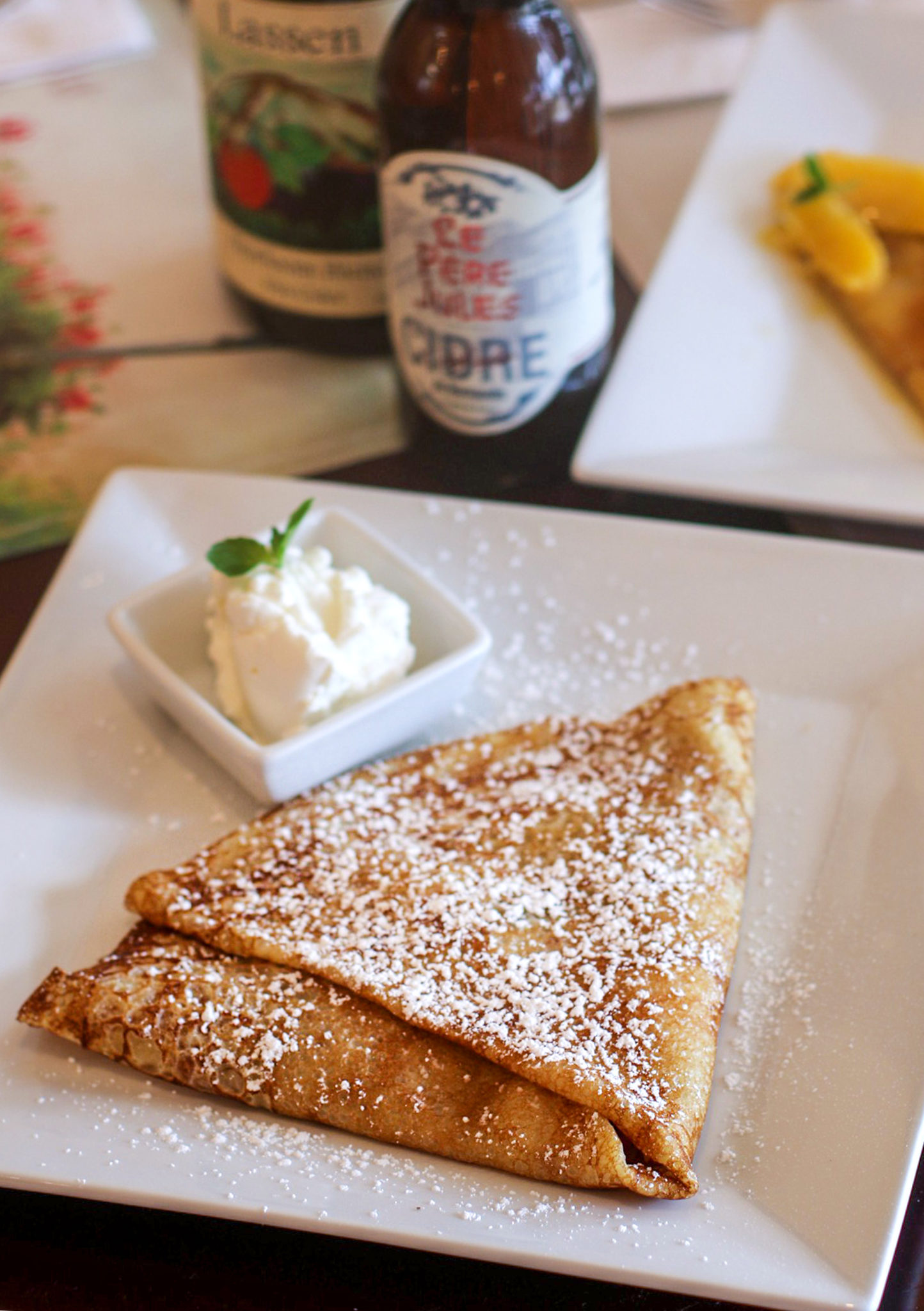 Peche Melba crepe with preserved peach, berry jam, toasted almonds, chantilly cream at Creperie Chez Solange in Larkfield. Heather Irwin/PD.