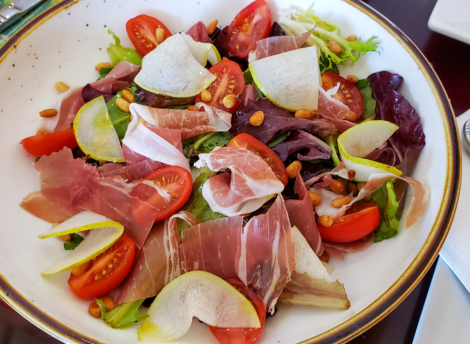 Salad with pear, prosciutto and tomatoes at Creperie Chez Solange in Larkfield. Heather Irwin/PD