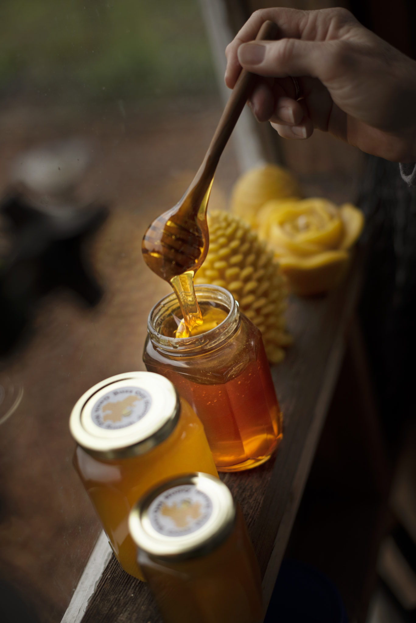 Darlene Gambonini-McGinnis dipping into honey created by Buzz Off Honey one of the many products created by her family run beekeeping business at Goah Way Ranch in Petaluma, California on January 27, 2010. (Photo: Erik Castro/for Sonoma Magazine)