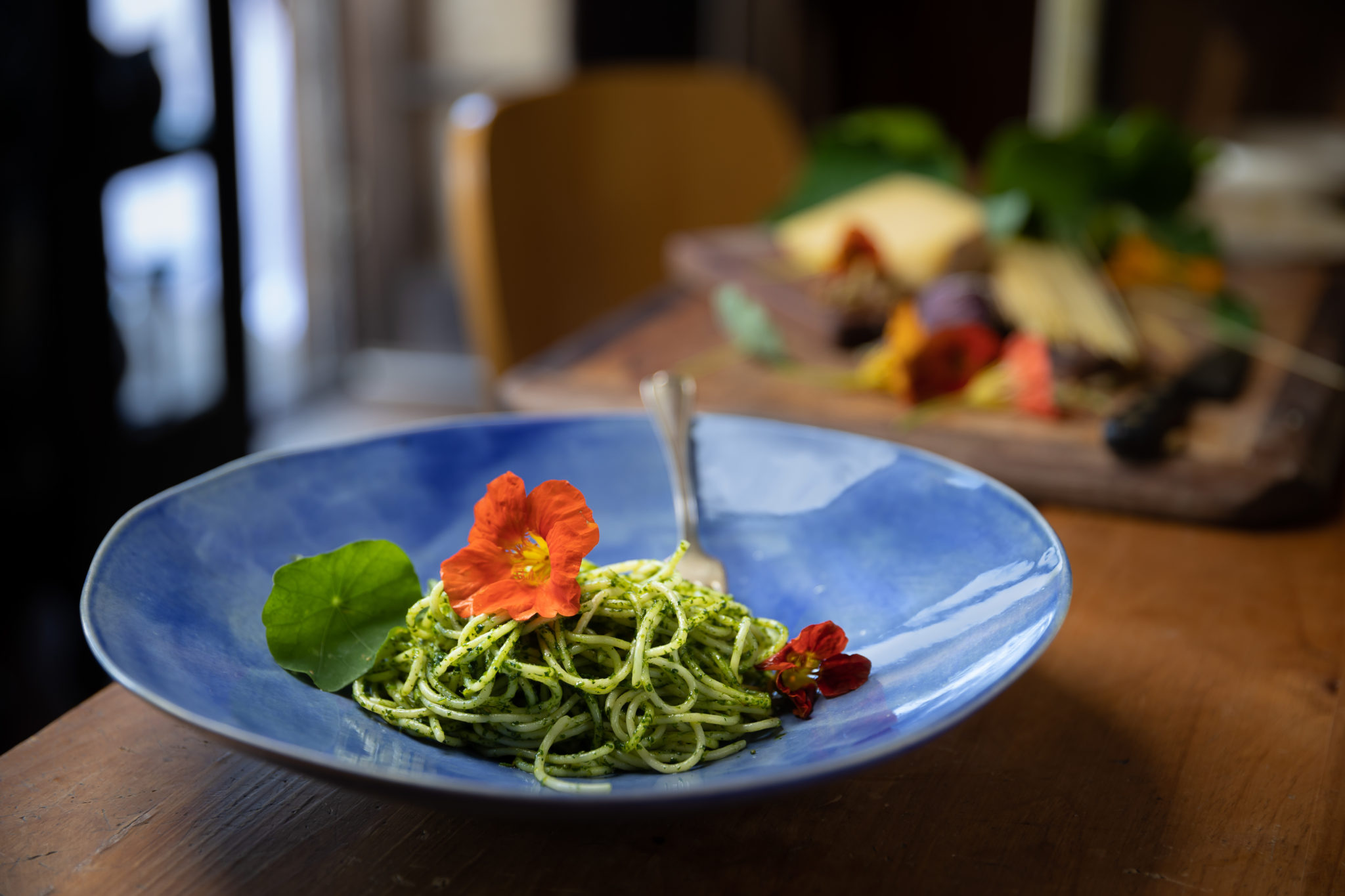 Pasta with nasturtium leaves and flowers