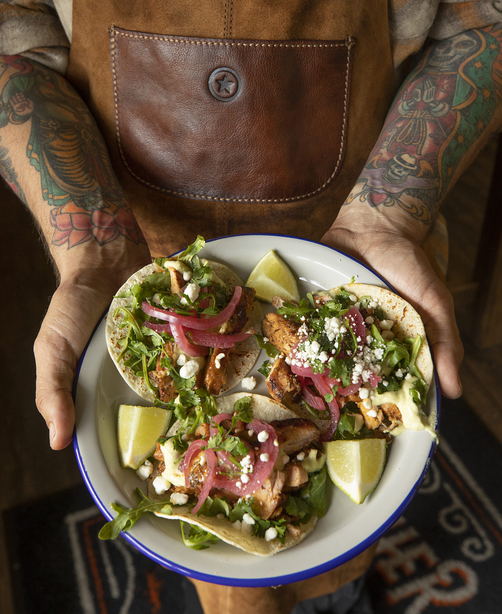 Piri Piri Chicken Street Tacos with Portuguese fire-grilled chicken thighs, arugula, Piri Piri sauce and goat cheese from the Butcher Crown Roadhouse in Petaluma. (photo by John Burgess/The Press Democrat)