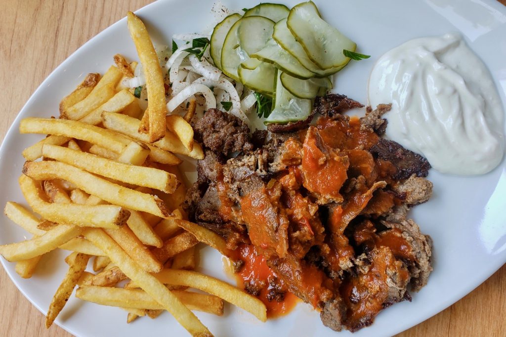 Kebab plate with garlic yogurt from Stockhome restaurant in Petaluma. (Heather Irwin/Sonoma Magazine)