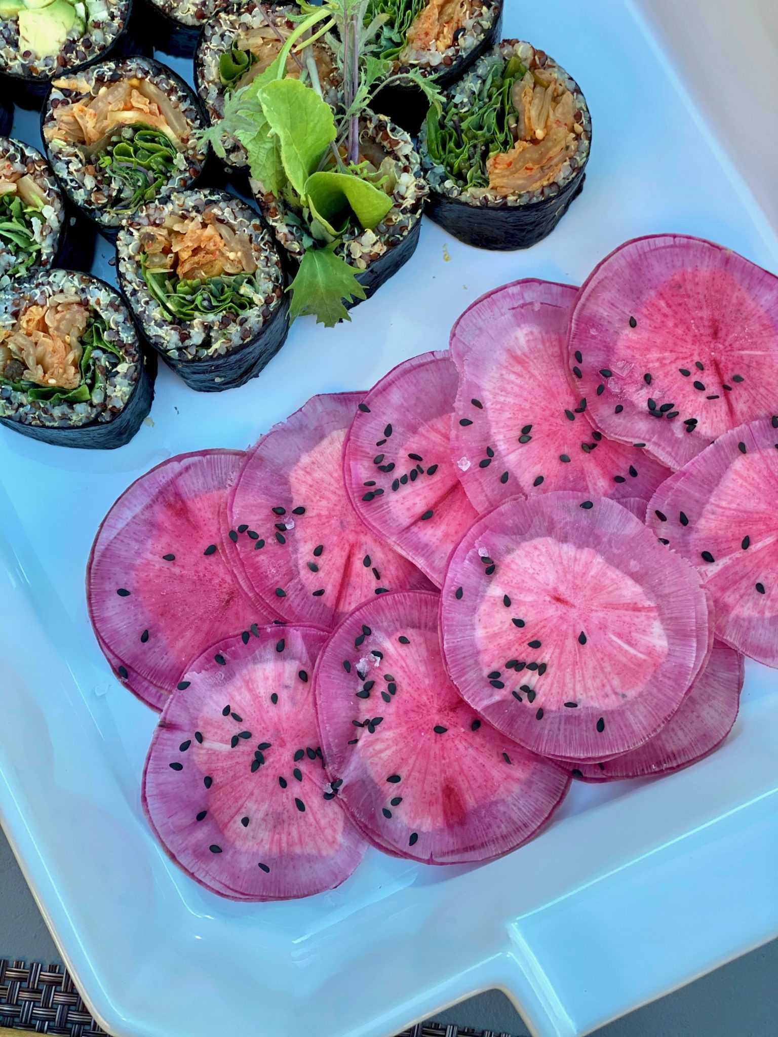 Radish ravioli and quinoa sushi at NewTree Ranch in Healdsburg. (Jess Lander / Sonoma Magazine)