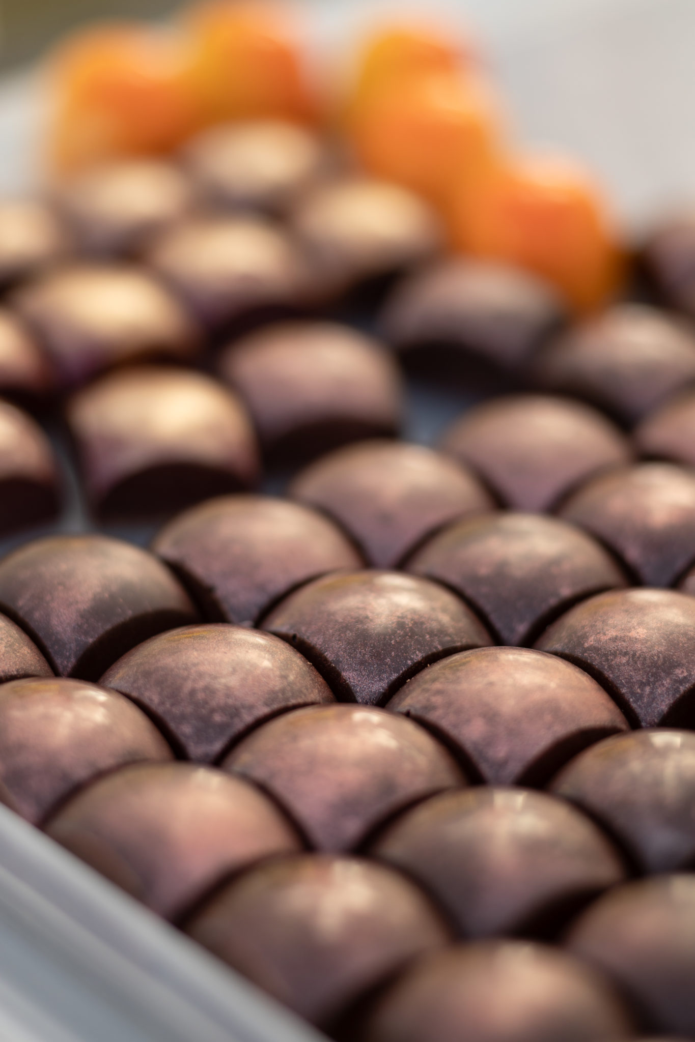 A tray of finished chocolates ready for packaging. (Chris Hardy / Sonoma Magazine)