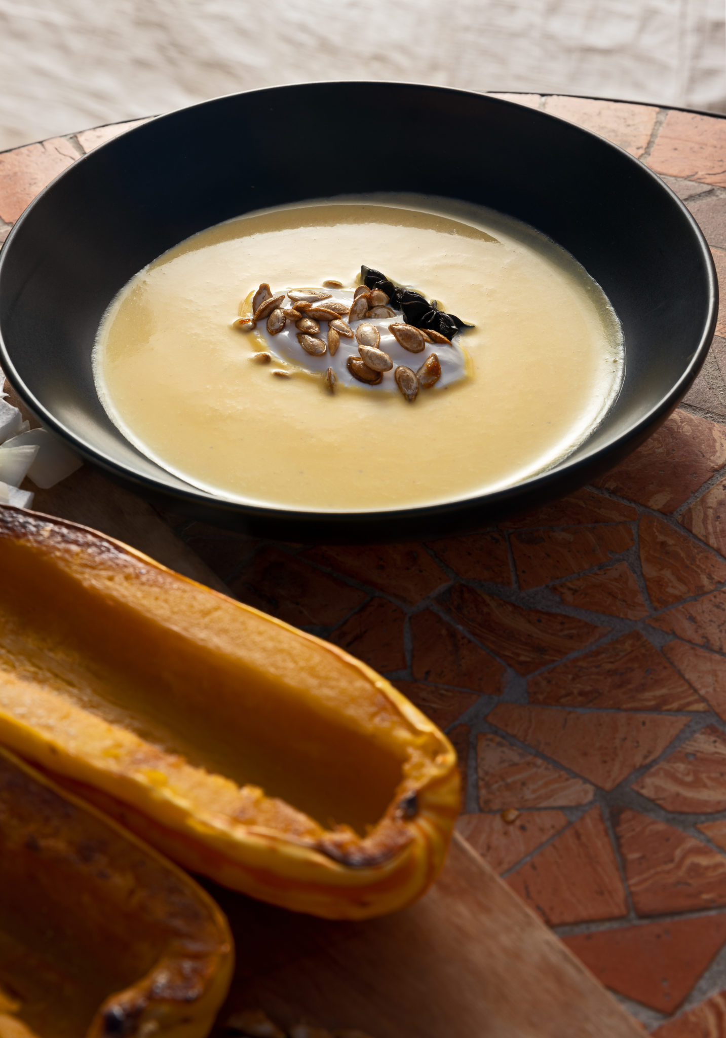 Three soups Mateo Granados/ Mateo’s Cocina Latina Soup: Roasted Delicata Squash with Candied Pumpkin Seeds