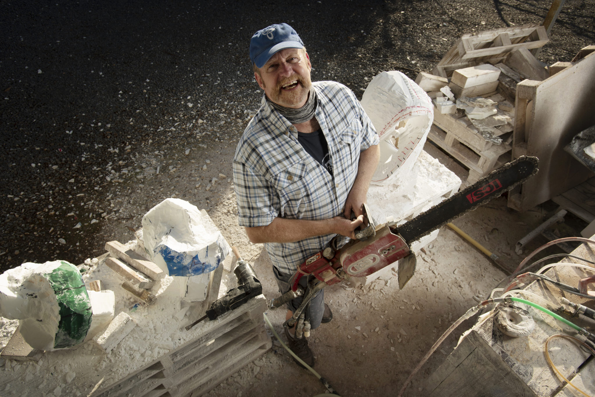 Stone sculptor T Barny at his workshop in Healdsburg, California on January 14, 2021. (Photo: Erik Castro/for Sonoma Magazine)