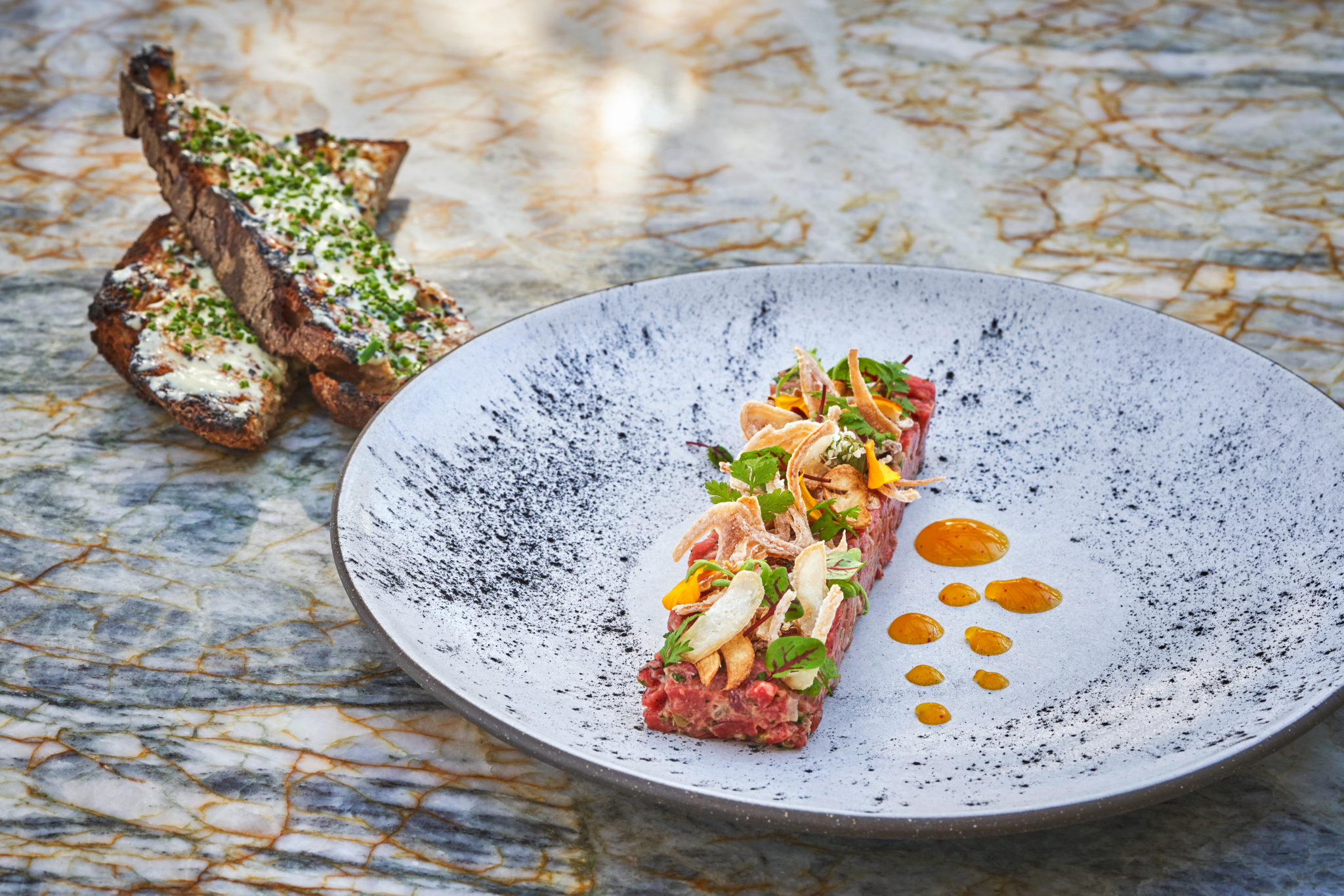 Wagyu steak tartare with bone marrow toast at Hazel Hill restaurant at Montage Healdsburg. (Christian Horan Photography)