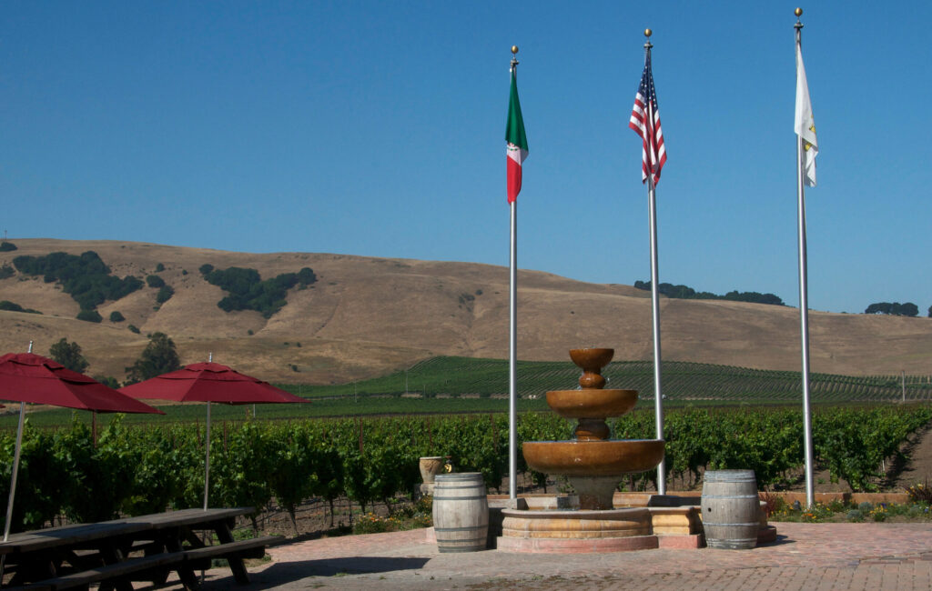 An outdoor seating area overlooking the vineyards at Robledo Family Winery in Sonoma. (Sonoma County Tourism)