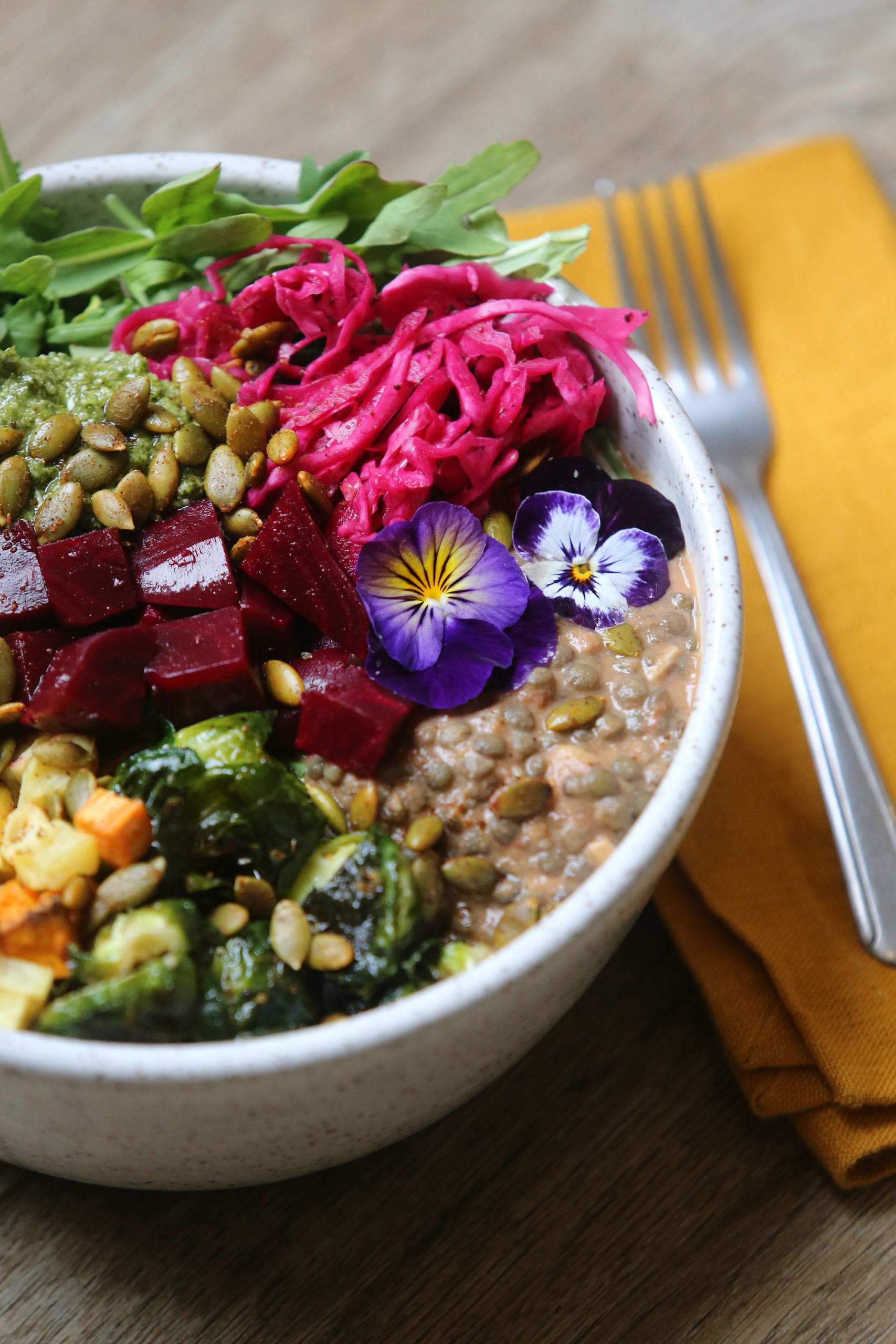 The Boho Bowl includes stewed French lentils, rice, pickled beets, Brussel sprouts, curried cauliflower, arugula, roasted root vegetables, sauerkraut, pumpkin seeds, chimichurri sauce, and creme fraiche at The Altamont General Store. Photo taken in Occidental, Calif., on Thursday, May 13, 2021. (Beth Schlanker/Sonoma Magazine)