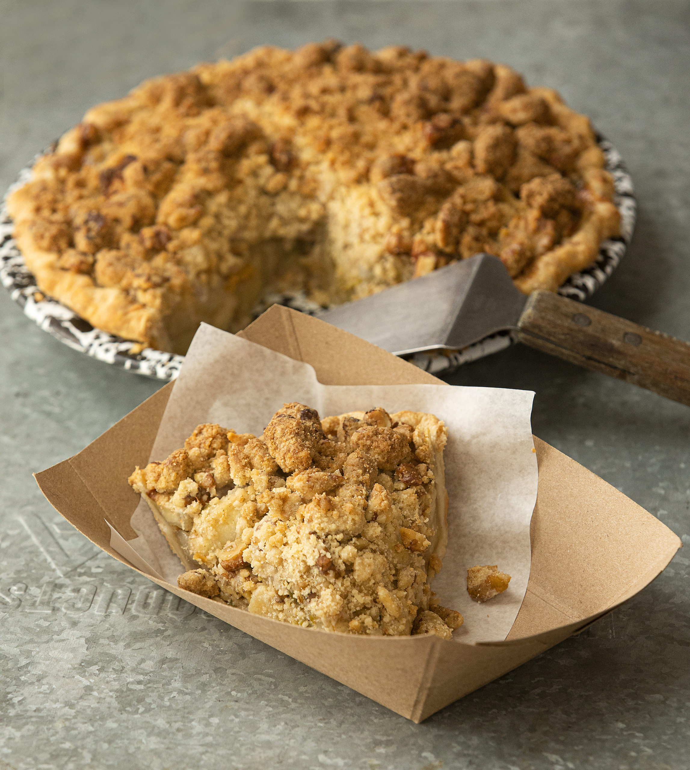 The signature green chile apple pie from Chile Pies in Guerneville is made with a sweet apple & green chile filling and cheddar cheese crust & walnut streusel. (Photo by John Burgess/The Press Democrat)