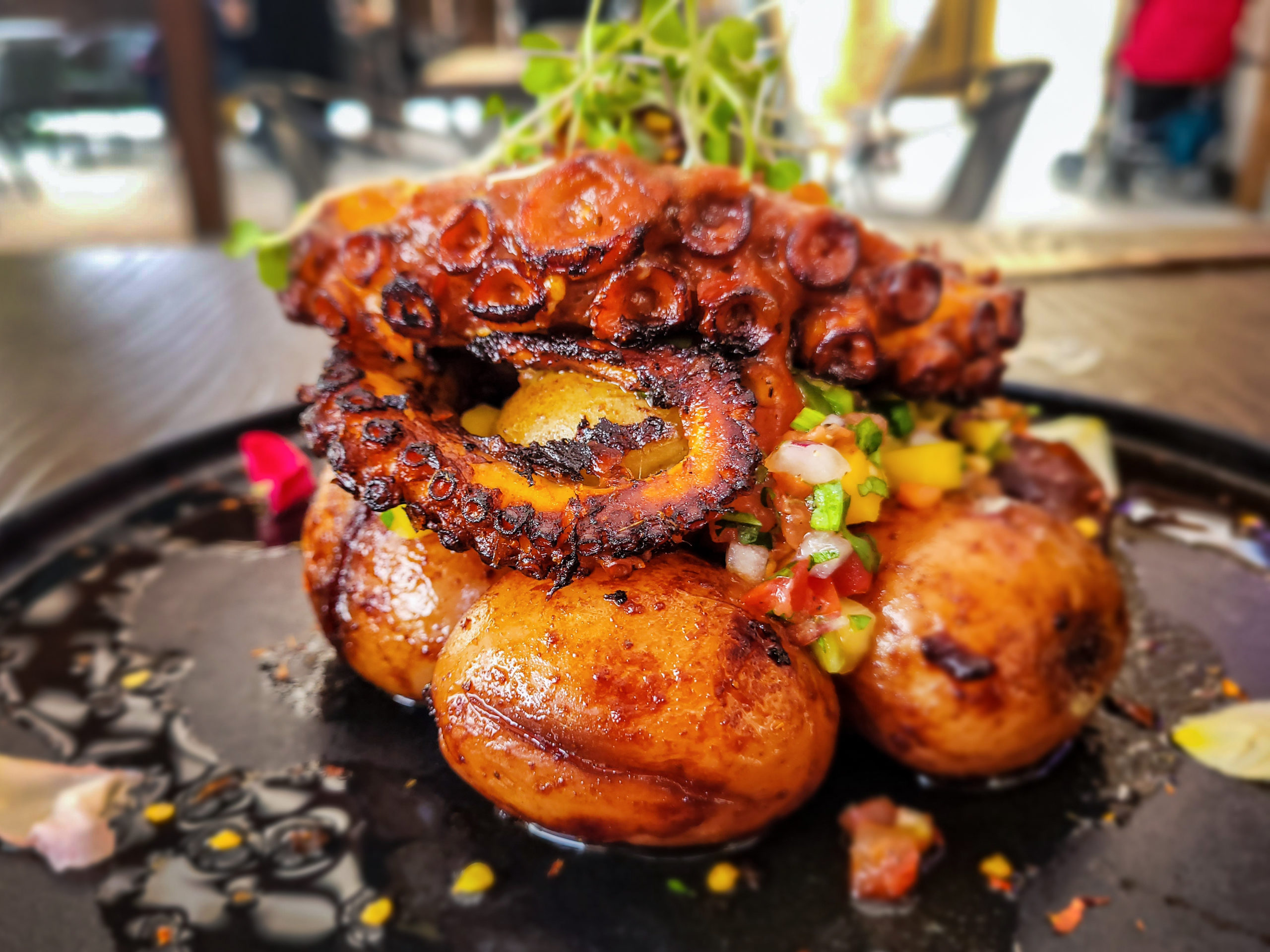 Octopus with potatoes at El Meson de los Molcajetes. (Heather Irwin/Sonoma Magazine)