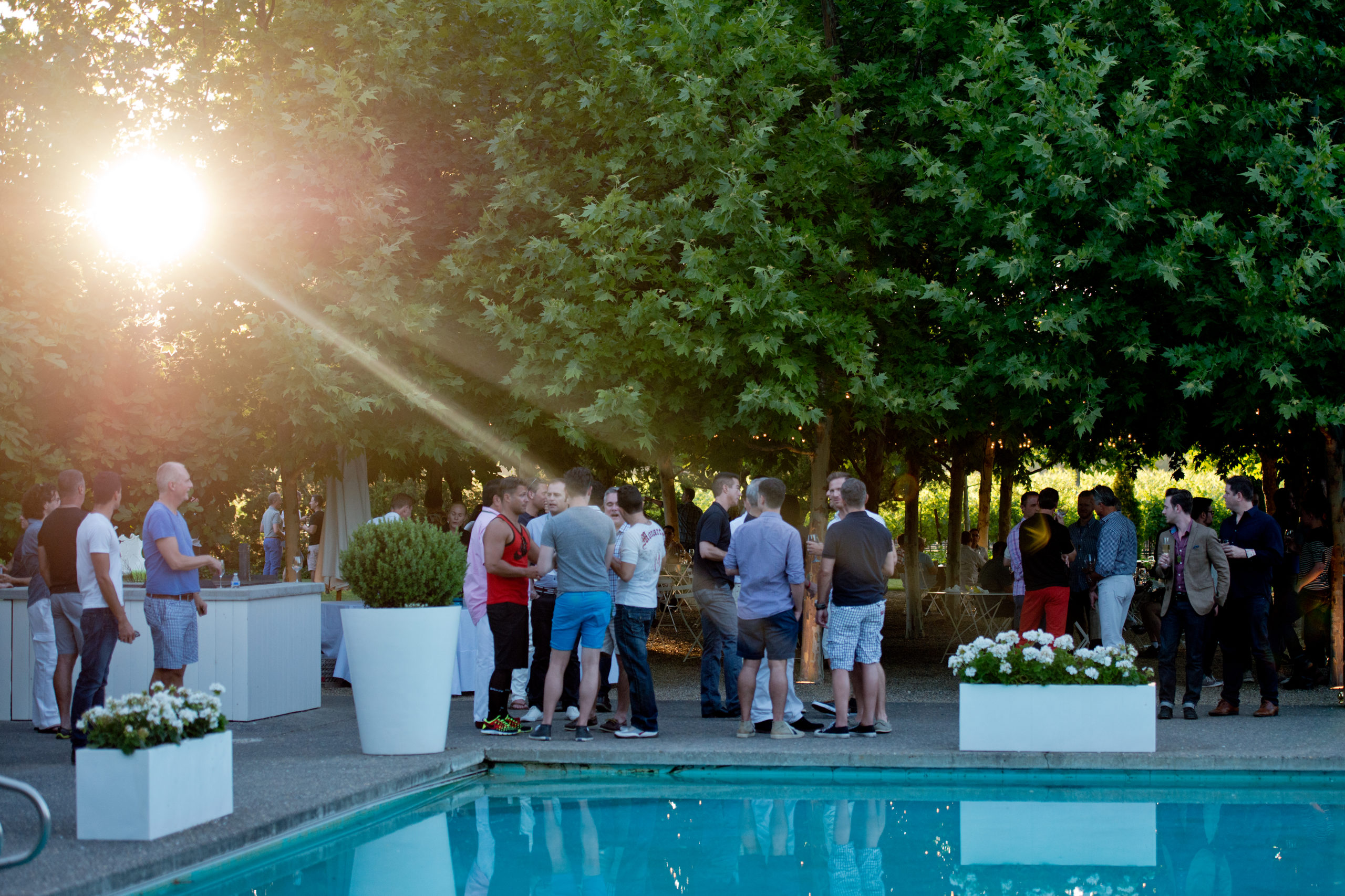 Visitors socialize around the pool during Out in the Vineyard's Twilight T-Dance at Raymond Vineyards, benefitting Face to Face Sonoma County AIDS Network, during Gay Wine Weekend in St. Helena, California, on June 14, 2014. (Alvin Jornada / For The Press Democrat)