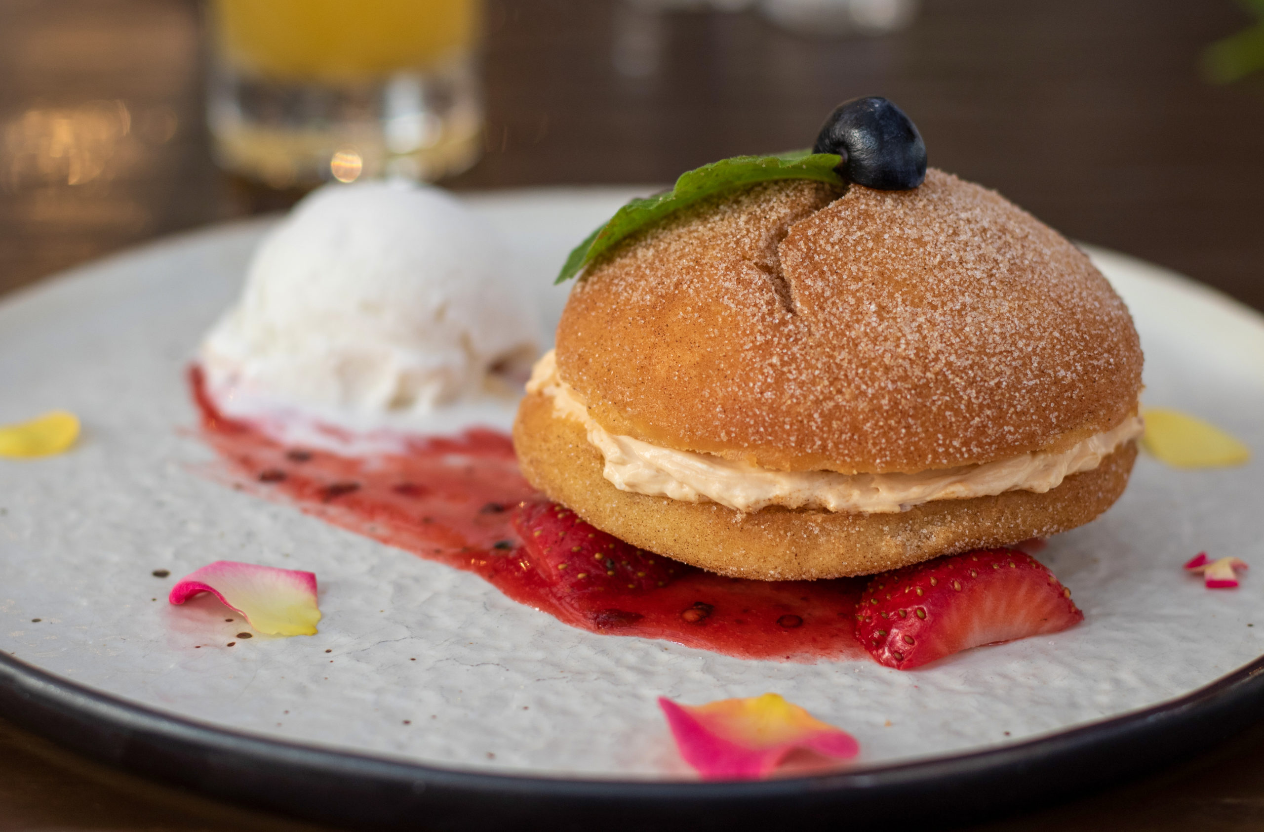 Donut with cajeta cream at El Meson de los Molcajetes. (Heather Irwin/Sonoma Magazine)