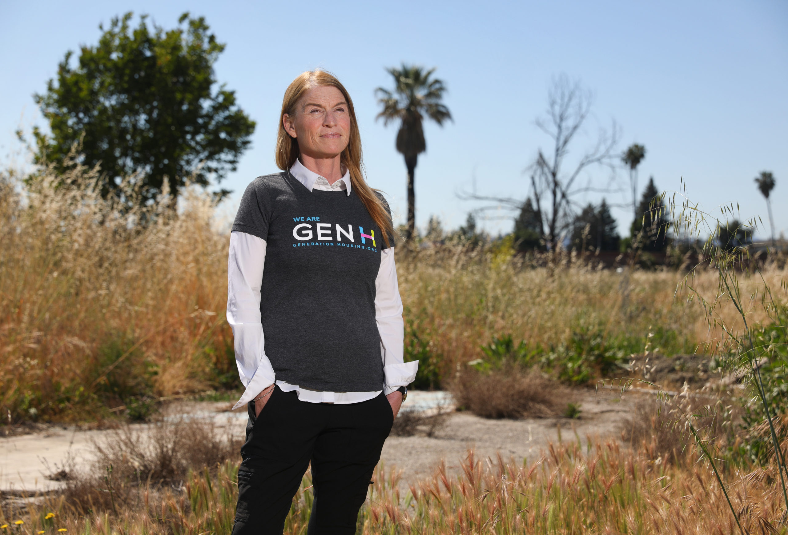 Jen Klose, executive director of Generation Housing, stands at the site of the former Journey's End mobile home park, which will be developed into affordable housing. (Christopher Chung/ The Press Democrat)