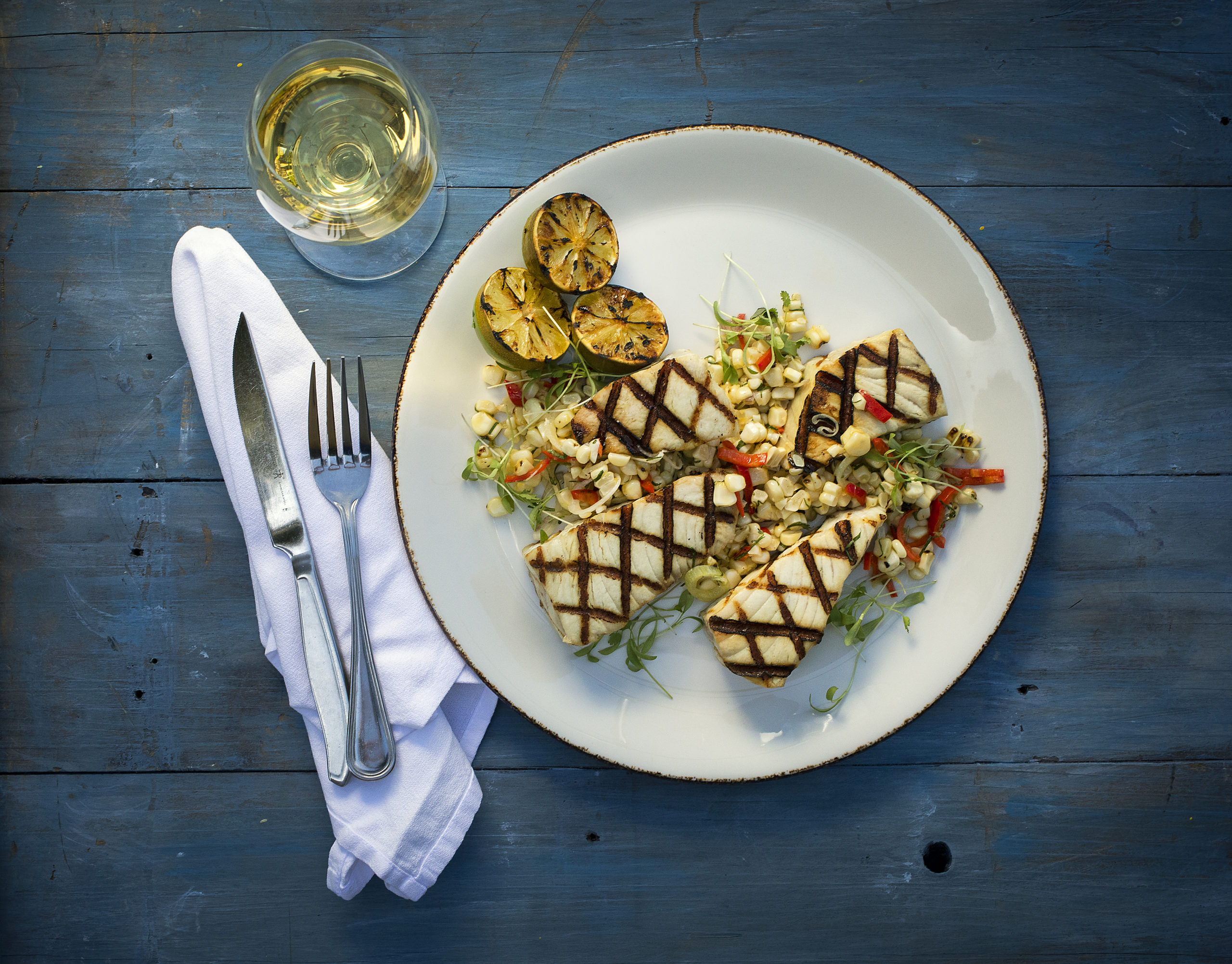 Grilled Albacore Tuna, Charred Corn, Pickled Chilis, Cilantro and Lime from St. Francis Winery executive chef Peter Janiak on May 19, 2021. (Photo by John Burgess/The Press Democrat)