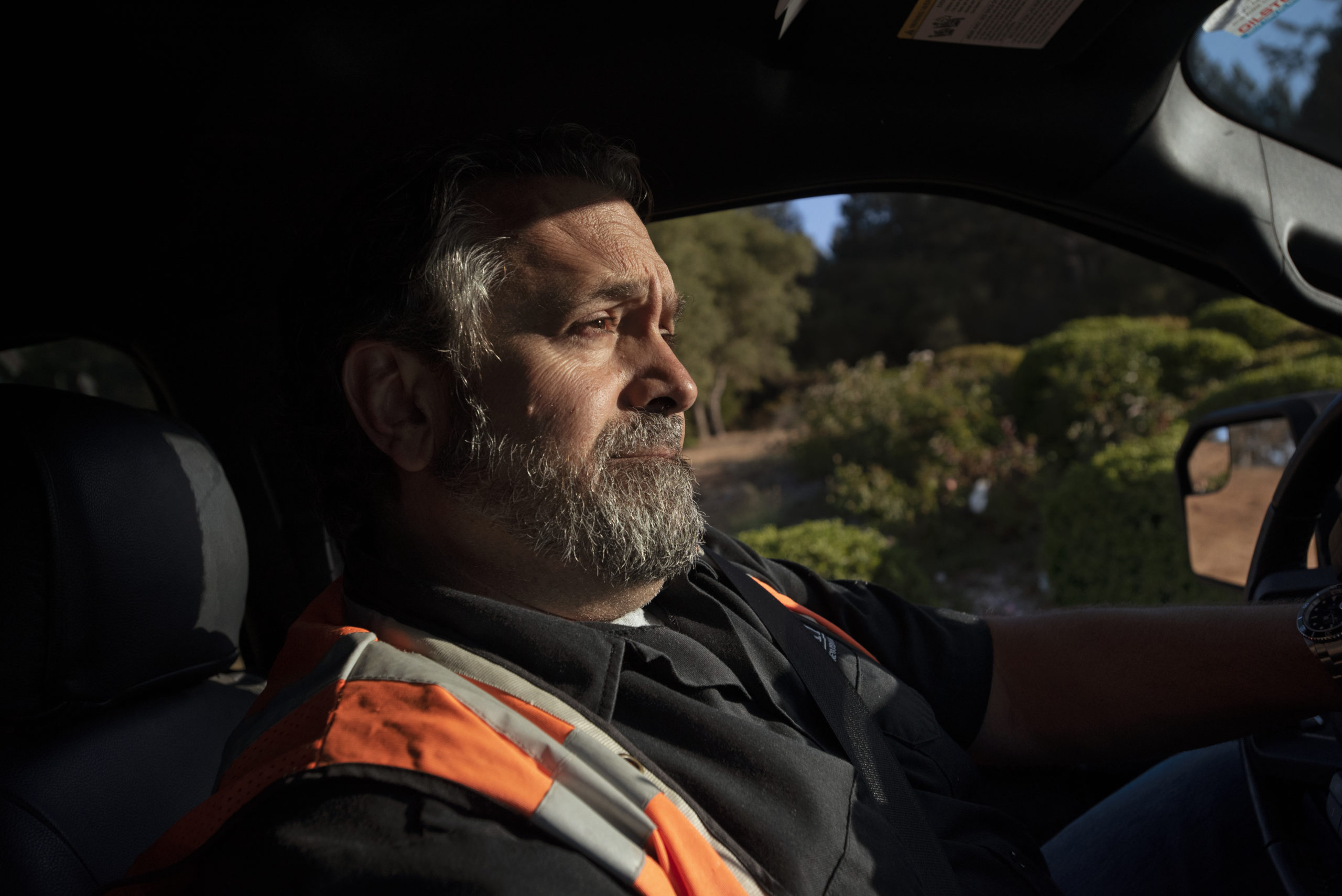 Tony Bugica, director of farming and business development of Atlas Vineyard Management, in his truck after checking in on his vineyard crew members at Cohn Vineyard in Healdsburg, California. July 23, 2021. (Photo: Erik Castro/for Sonoma Magazine)