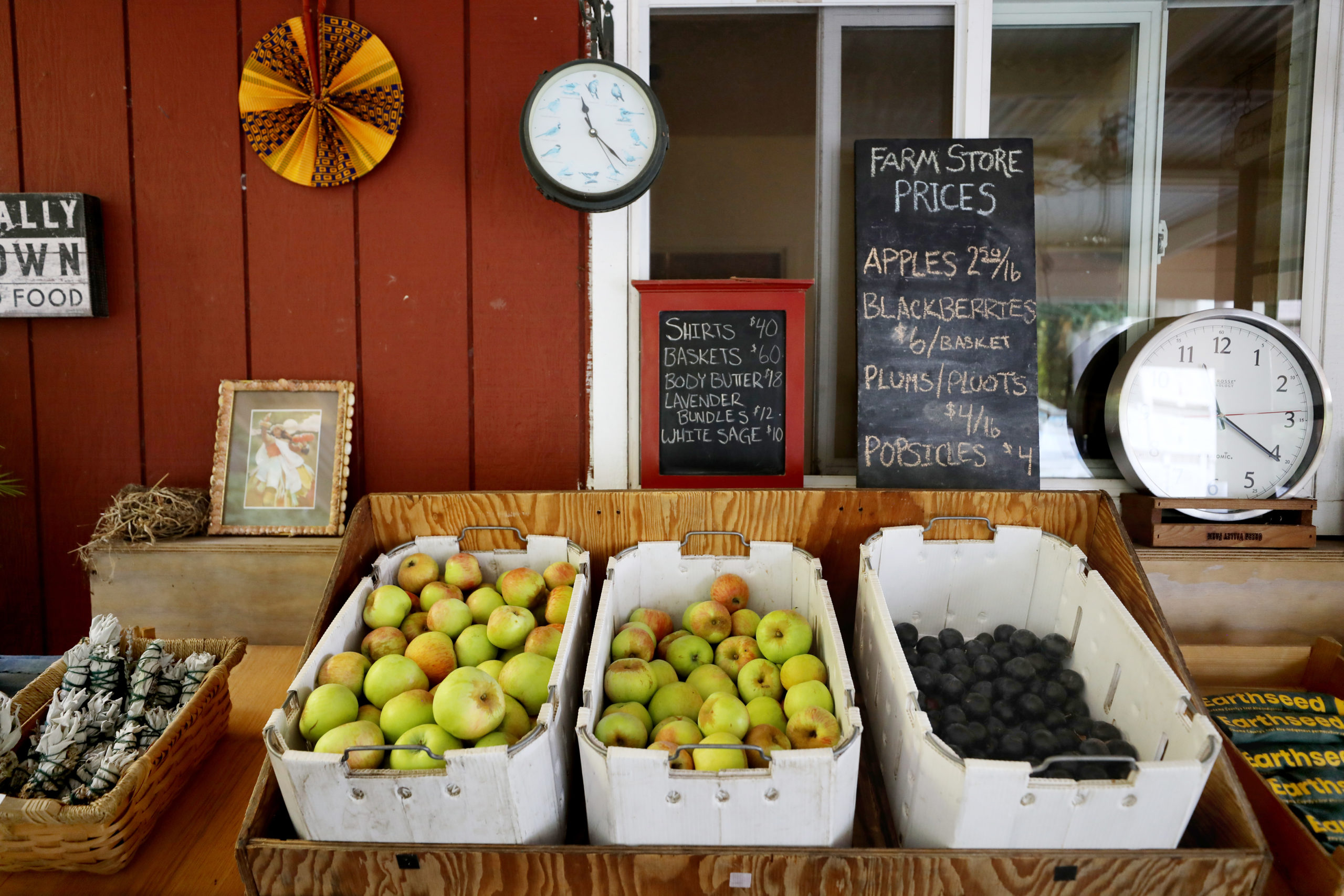 Produce, t-shirts, baskets, lavender, sage bundles, and popsicles are for sale at EARTHseed Farm in Sebastopol, Calif., on Saturday, July 24, 2021.(Beth Schlanker/The Press Democrat)