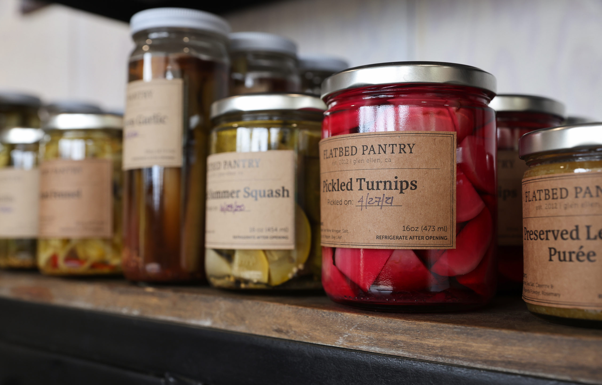 A variety of pickled vegetables for sale at Flatbed Farm near Glen Ellen on Tuesday, July 27, 2021. (Christopher Chung/ The Press Democrat)