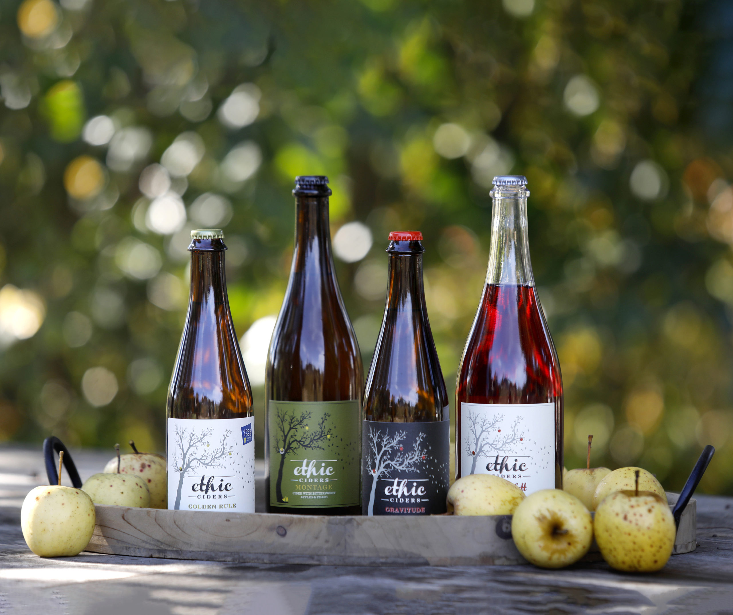 A variety of apple ciders produced by Ethic Ciders include Golden Rule, Montage, Gravitude, and Scarlett. (Beth Schlanker/The Press Democrat)