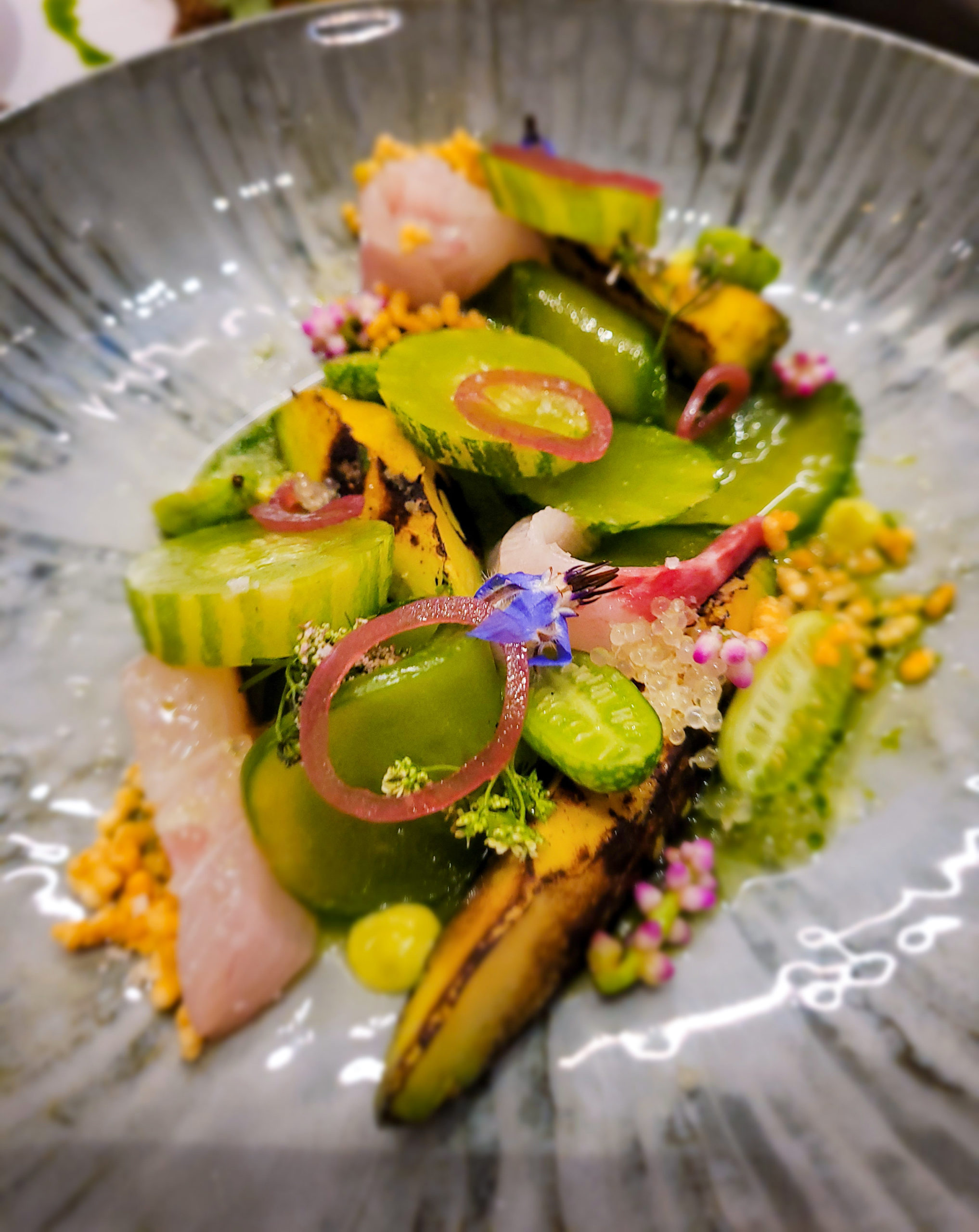 Kampachi Crudo with cucumber agua chile, puffed sushi rice and finger lime. Heather Irwin/Press Democrat.