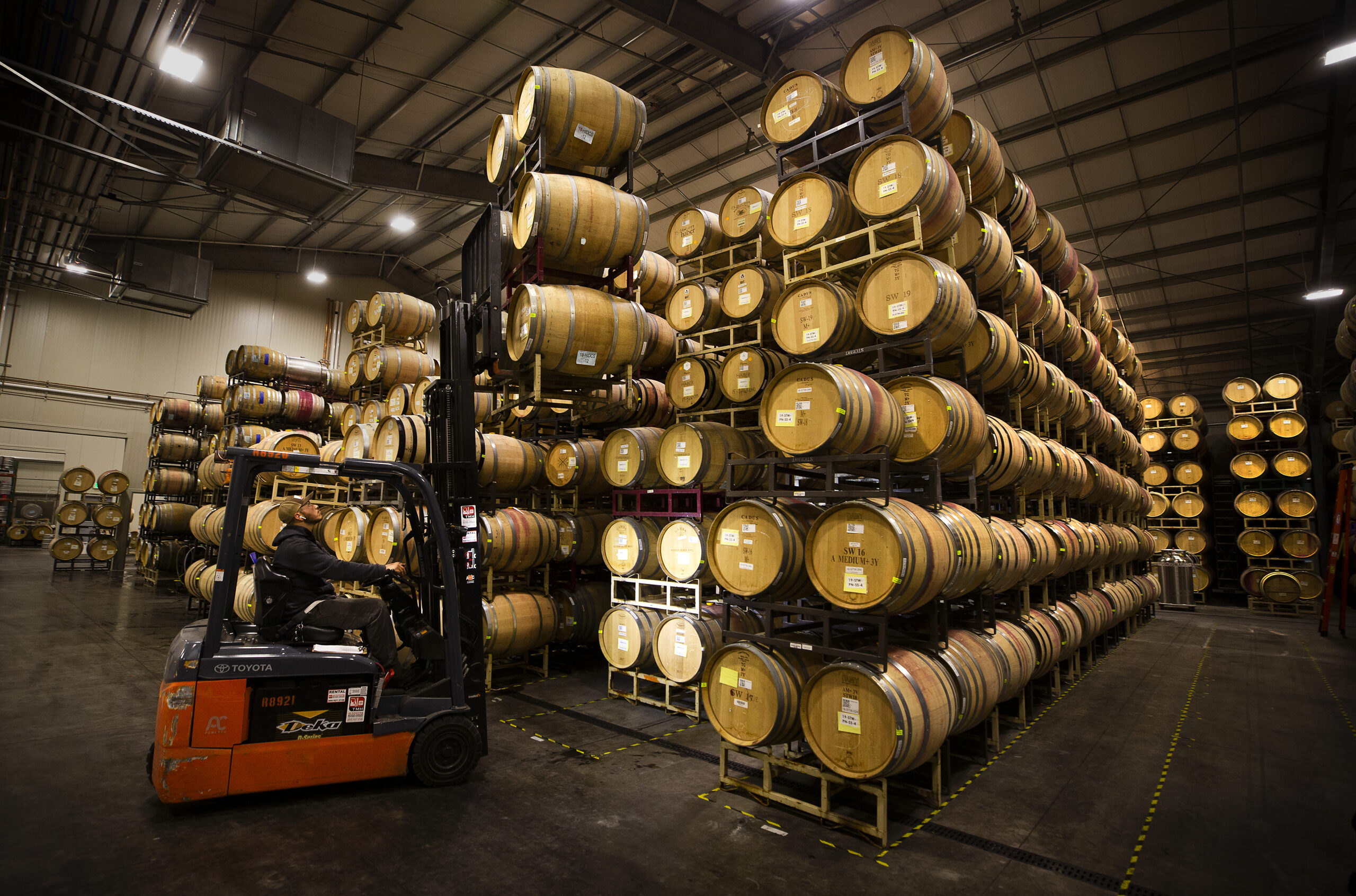 The main barrel storage room at Sugarloaf Crush in Oakmont has a capacity of 4500+ barrels in a temperature controlled environment. (photo by John Burgess/Sonoma Magazine)