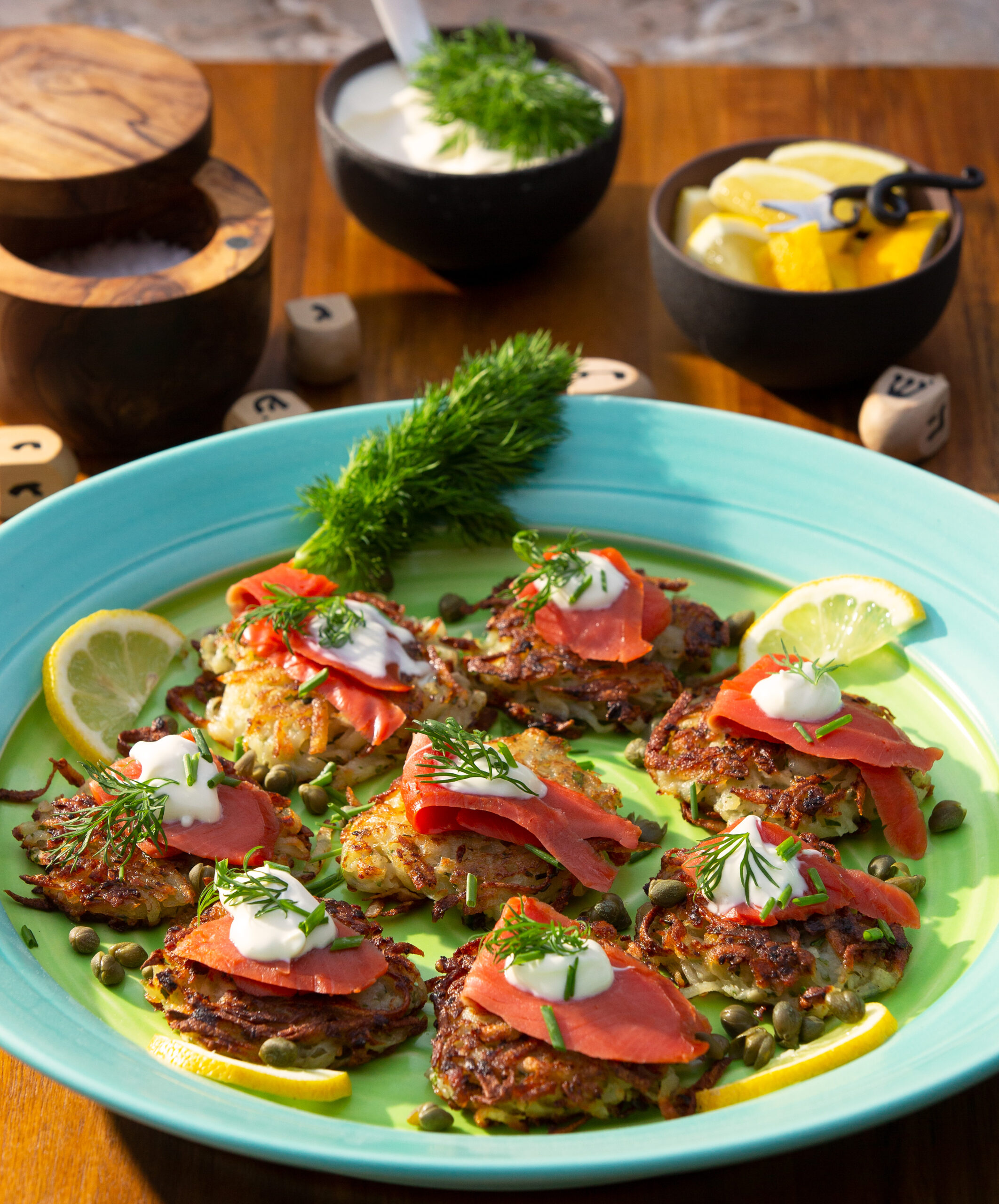 Potato latkes served with citrus-cured salmon, dill, capers, lemon, and creme fraiche prepared by chef Bruce Riezenman for the Chanukah holiday, in Santa Rosa, California, on Wednesday, December 2, 2020. (Alvin A.H. Jornada / The Press Democrat)