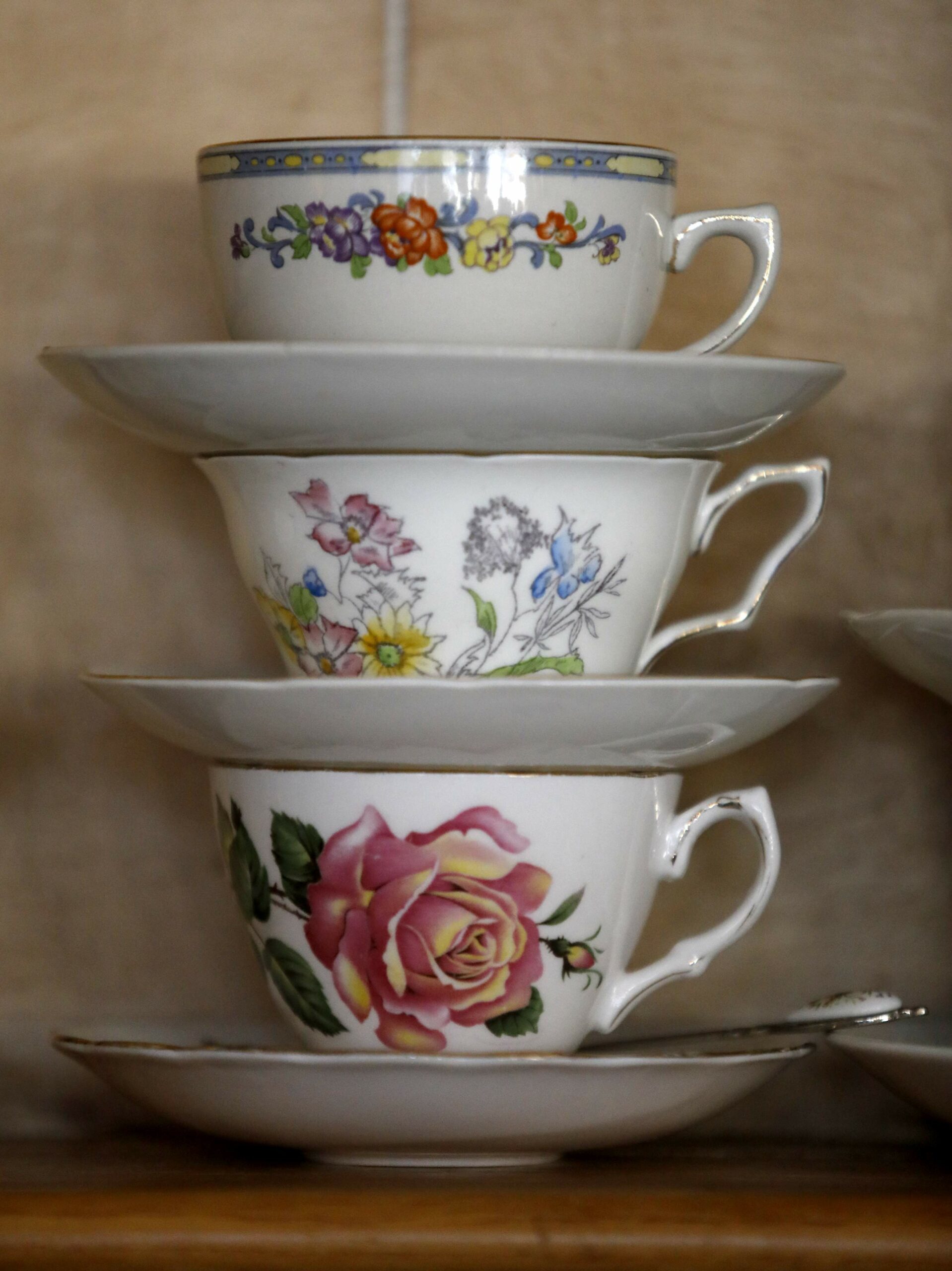 Teacups on a shelf during a Mary Poppins Holiday Tea Party at The Tudor Rose English Tea Room in Santa Rosa, on Sunday, December 17, 2017. (BETH SCHLANKER/ The Press Democrat)