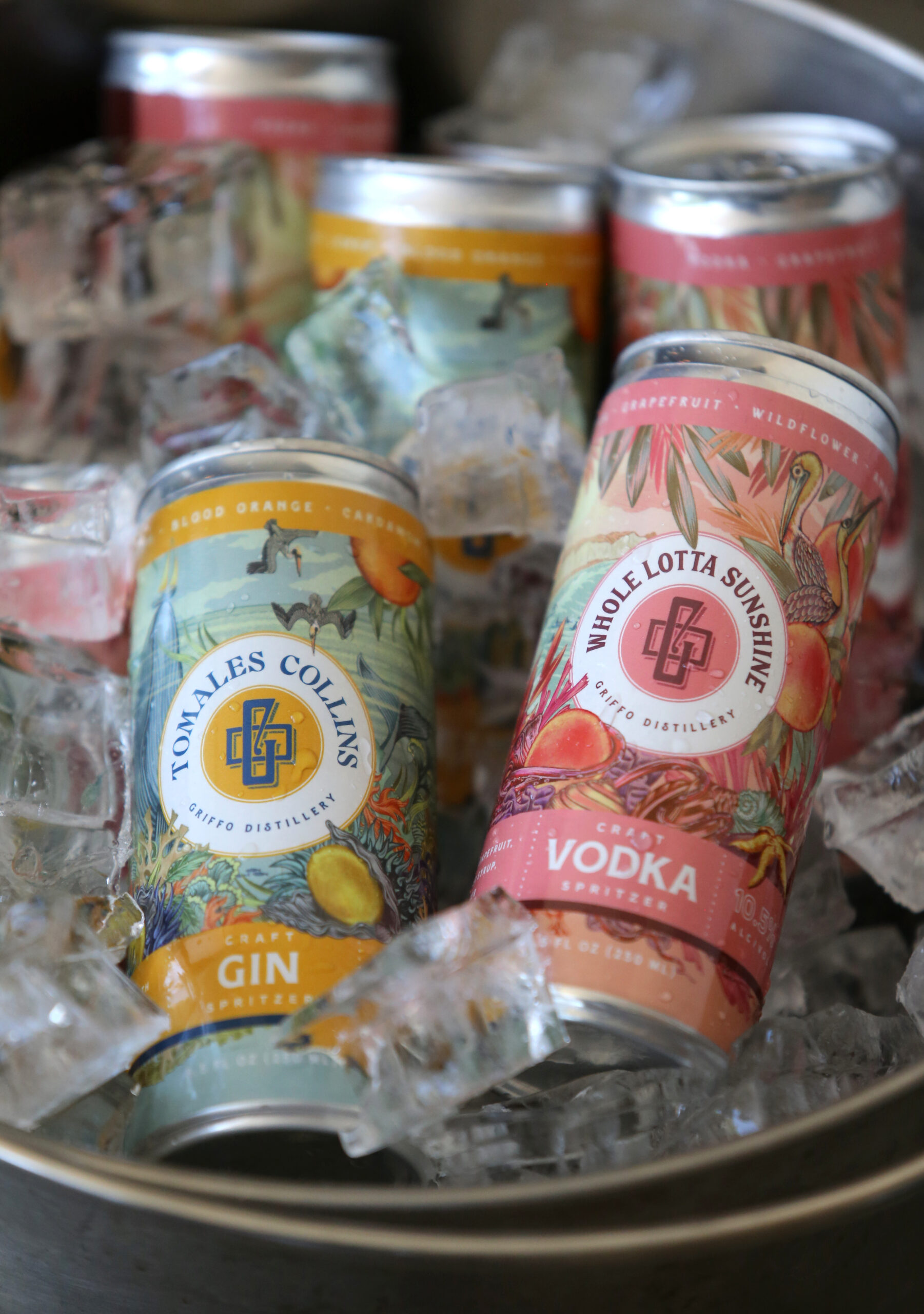 Cans of Tomales Collins and Whole Lotta Sunshine cocktails at Griffo Distillery and Tasting Bar in Petaluma in June 2021.(Beth Schlanker/The Press Democrat)