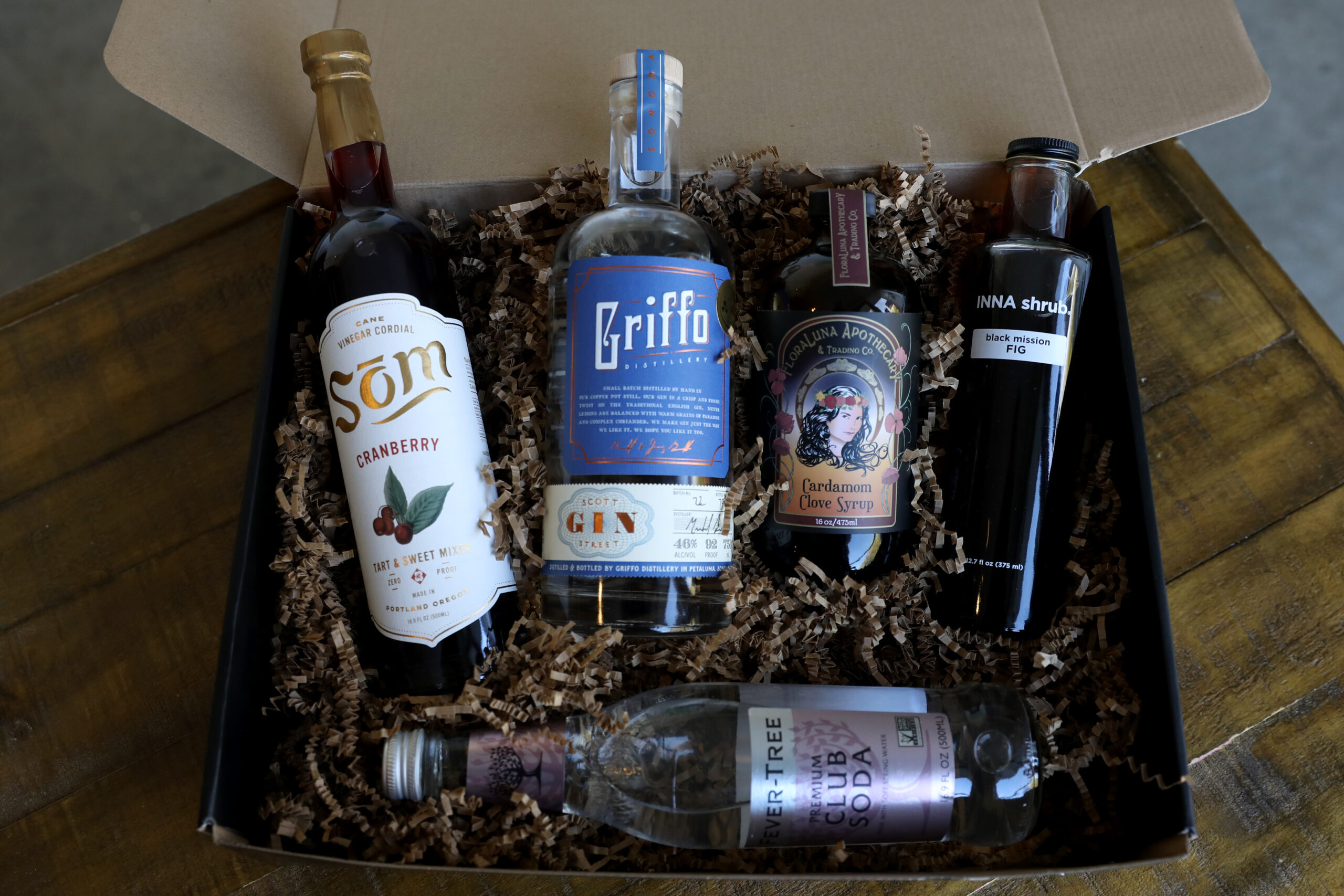 The Gin Cranberry Clove cocktail kit, includes Griffo Scott Street Gin, Cranberry Som Shrub, FloraLuna Cardamon Clove Syrup, INNA Mission Fig Shrub, and Fever Tree Club Soda, at the Griffo Distillery and Tasting Bar in Petaluma, Calif., on Thursday, December 2, 2021.(Beth Schlanker/The Press Democrat)